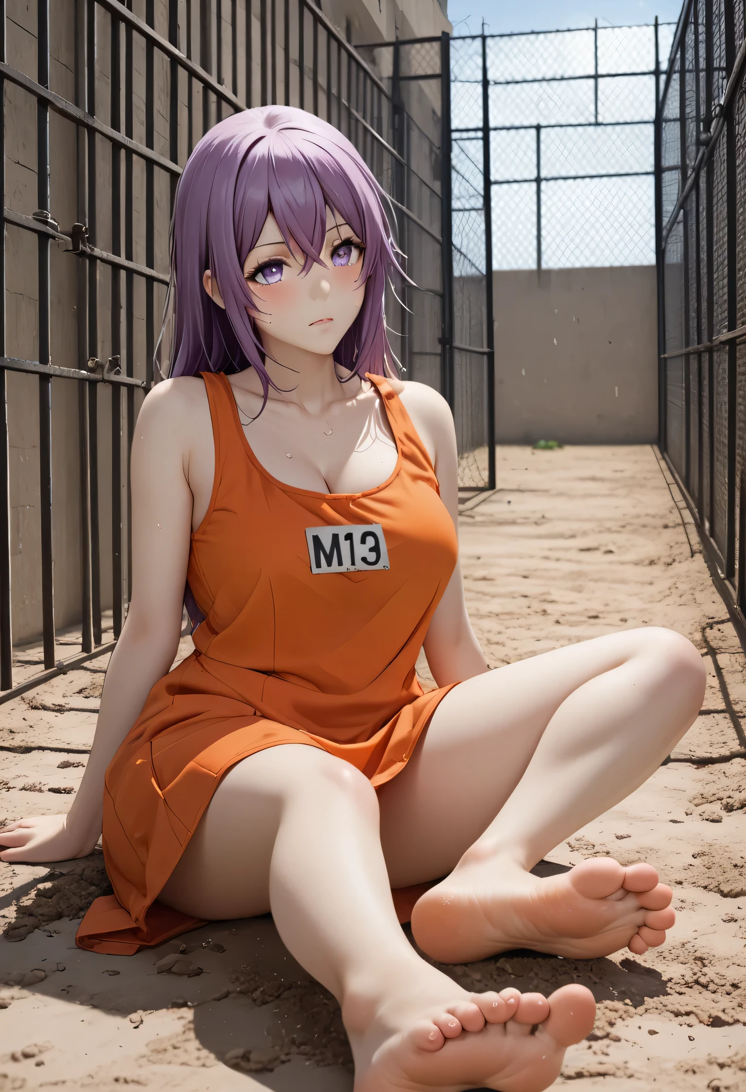 sakura matou, a girl, white skin, voluptuous body, beautiful body, violet hair, (long hair, loose and messy), purple eyes, (((wearing a short, sleeveless orange maximum security prison inmate dress with the identification number: inmate: M13195 engraved on the chest))), ((recreation yard of the maximum security prison fenced with large walls with barbed wire and watchtowers in a dirty, old condition and with an unpaved floor))), (((sitting on the floor. facing forward with her legs stretched forward, raised and separated focusing on her feet and the soles and toes))), (full body), (barefoot), (resigned mood), (tense and hot atmosphere), sunny day, (heat), ((dirty)), ((sweating)), (gloomy and depressing place)