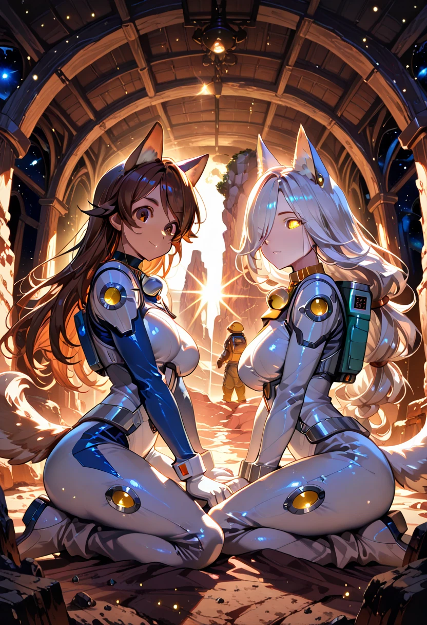furry, rivetlombax, blue eyes, animal ears, earrings, goggles on head, bangs, mechanical arms, scarf, half short shirt, belt, tail, beach, sunrise, smile, not human, ass big, cartoon style, cute, (breast:1.5) full body picture, thick thighs, (perfect body: 1,5), (camel toe: 1.7), barefoot, highres, spaceship