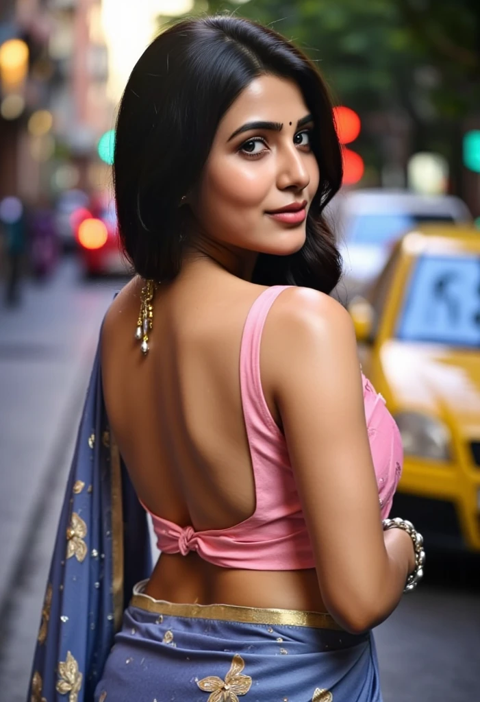 A stunning Indian housewife, around 35 years old, showcases an athletic figure in a deep-neck, sleeveless blouse that elegantly accentuates her clearly visible cleavage. The blouse is paired with a traditional saree, adding a touch of Indian culture to her modern outfit. Her long, wavy black hair is tied back in a classic bun, and her vivid brown eyes sparkle with confidence. The background is a blur of vibrant colors, capturing the essence of a lively Indian market during the sunset. The photograph, captured with a Canon EOS R5 and a 50mm lens, is in high resolution, showcasing the intr