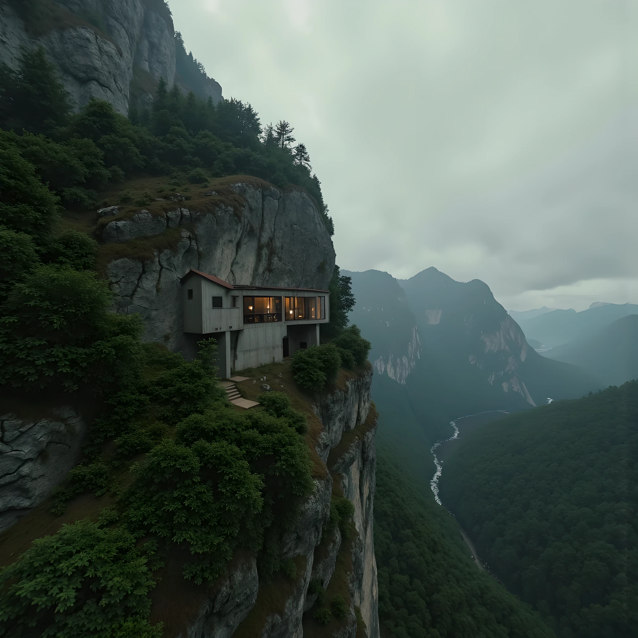 “Glass Cages & Galvanized Ruins: A Survivalist’s Dystopia”, Spectacular architectural escapism. Paradoxically built with vertigo induced proportions and mind bending perspectives), (Bizarre builds), A n awe-inspiring jungle mountain retreat and bunker, (dark minimalist + brutalist architecture), lush, hazy, detailed, imaginative designs (and epic composition with drone cinematography by Jonny FPV, awe inspiring with a gravity-defying and immersive POV, muted colour analog color palette, (avant garde post-surrealism and brutalist retro futuristic science-fiction aesthetics), dieselpunk, future dark wave, industrial, raw concrete, rule of thirds, intricately built on the verge and clinging to a jagged congolese jungle mountainside—(spectacular perspectives), raw, edgy future tech noir, (dark avant garde brutalism), the future space pod home is composed of gritty raw and exposed metal and futuristic organic materials seamlessly integrated into the rock face.
Designed in the brutalist avant-garde styles of Kisho Kurokawa, Hiroshi Hara, Fumihiko Maki, (dark minimalist architectural design that integrates respectfully within its natural high surroundings and curated with a a gritty atmosphere of openness, it is both a refuge and a haunting anomaly in the desolate wilderness). Surrounded by megalithic mountains, with a dense pine rainforest, a gritty Pale mist coils through the skeletal pines, swallowing the distant landscape, while the last traces of a violent, otherworldly sunset bleed into the storm-laden sky—fiery pinks, reds and oranges fading into abyssal hazy blues. The ominous air is thick with an unsettling silence, broken only by the wind howling through exposed steel beams(neo gothic avant garde brutalism, stylistically sci-fi future design aesthetic. flickering burnt amber interior light suggests life The smouldering atmosphere is drenched in solitude, tension, and the surreal weight of the unknown—an architectural dream on the verge of a nightmare.”