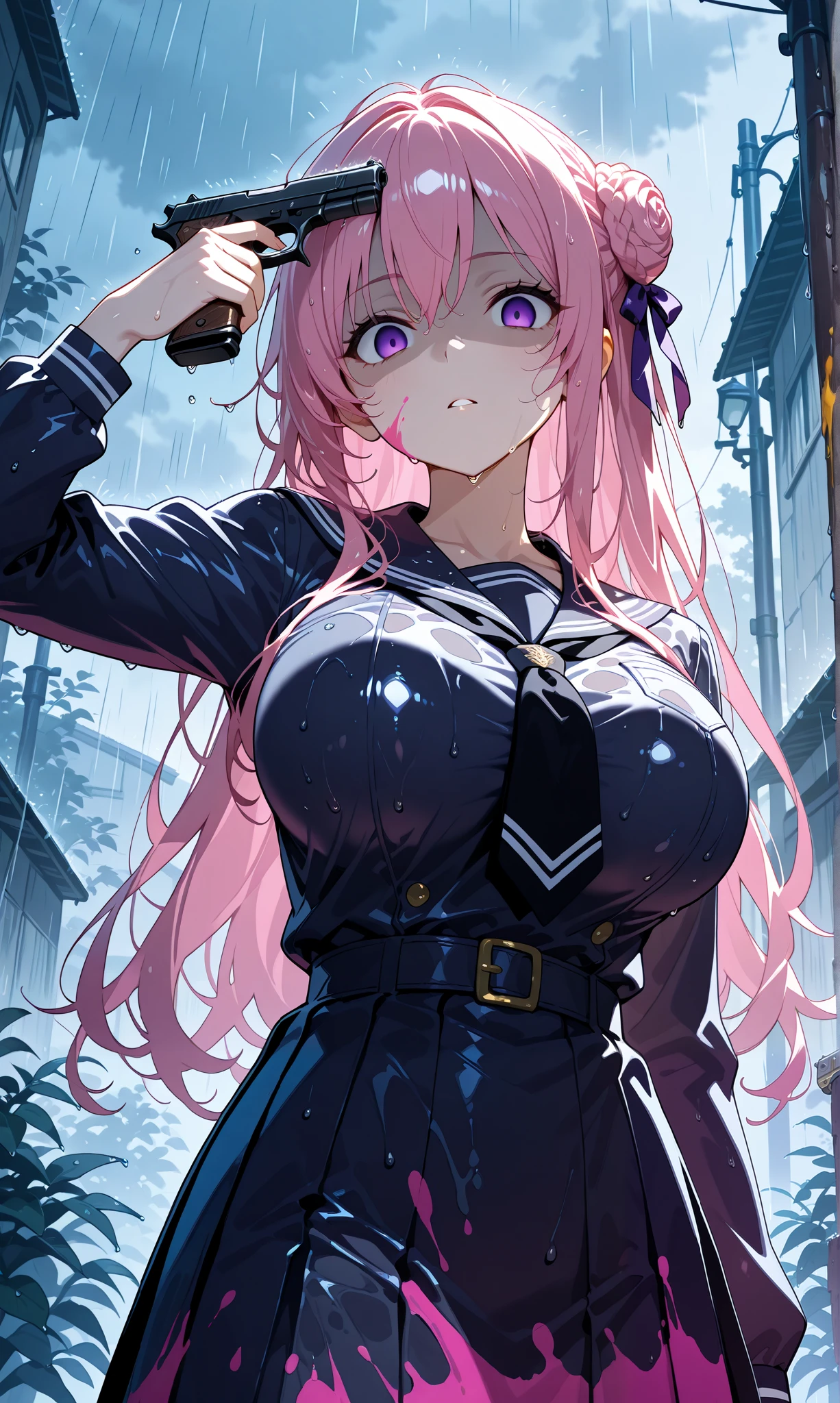 ,1girl, solo, dorothyalt, pink hair, long hair, braided bun, hair ribbon, hair ornament, purple eyes, very wet skin, wet, wet hair, messy hair, big breasts, dark school uniform,rain,rainy day, imminent_suicide,finger on trigger,hand gun,((gun to head)),holding gun with both hand,paint splatter,dramatic lighting,looking at viewer,shaded face,empty eyes, heavy rain,muted color,back lighting,looking down,masterpiece, best quality