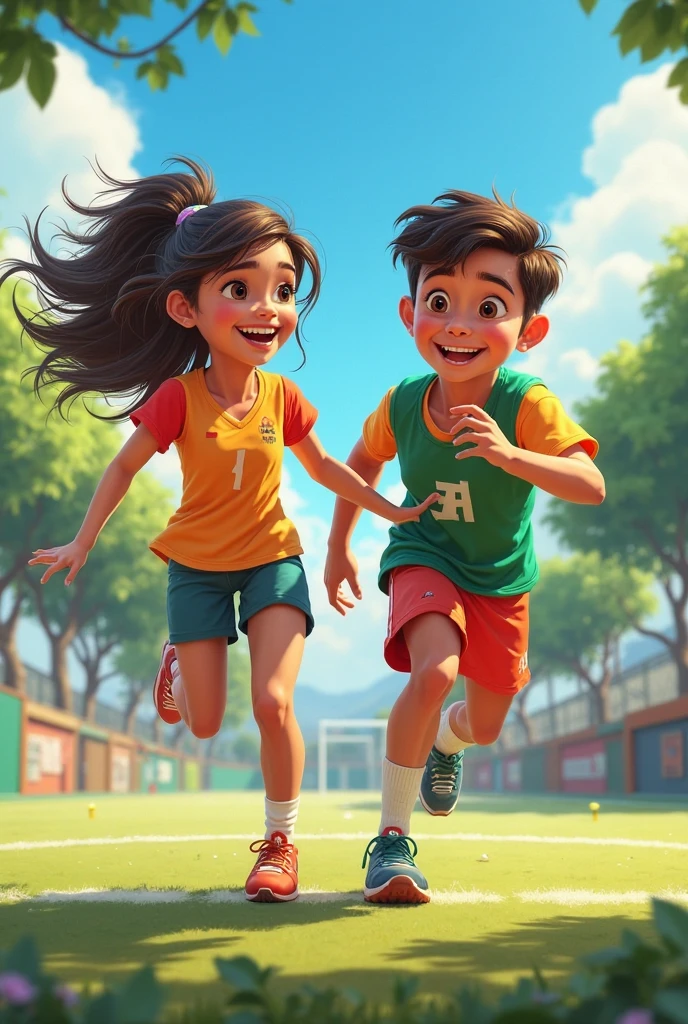 Venezuelan boy and girl with yellow shirt, and navy blue sports pants and black sports shoes