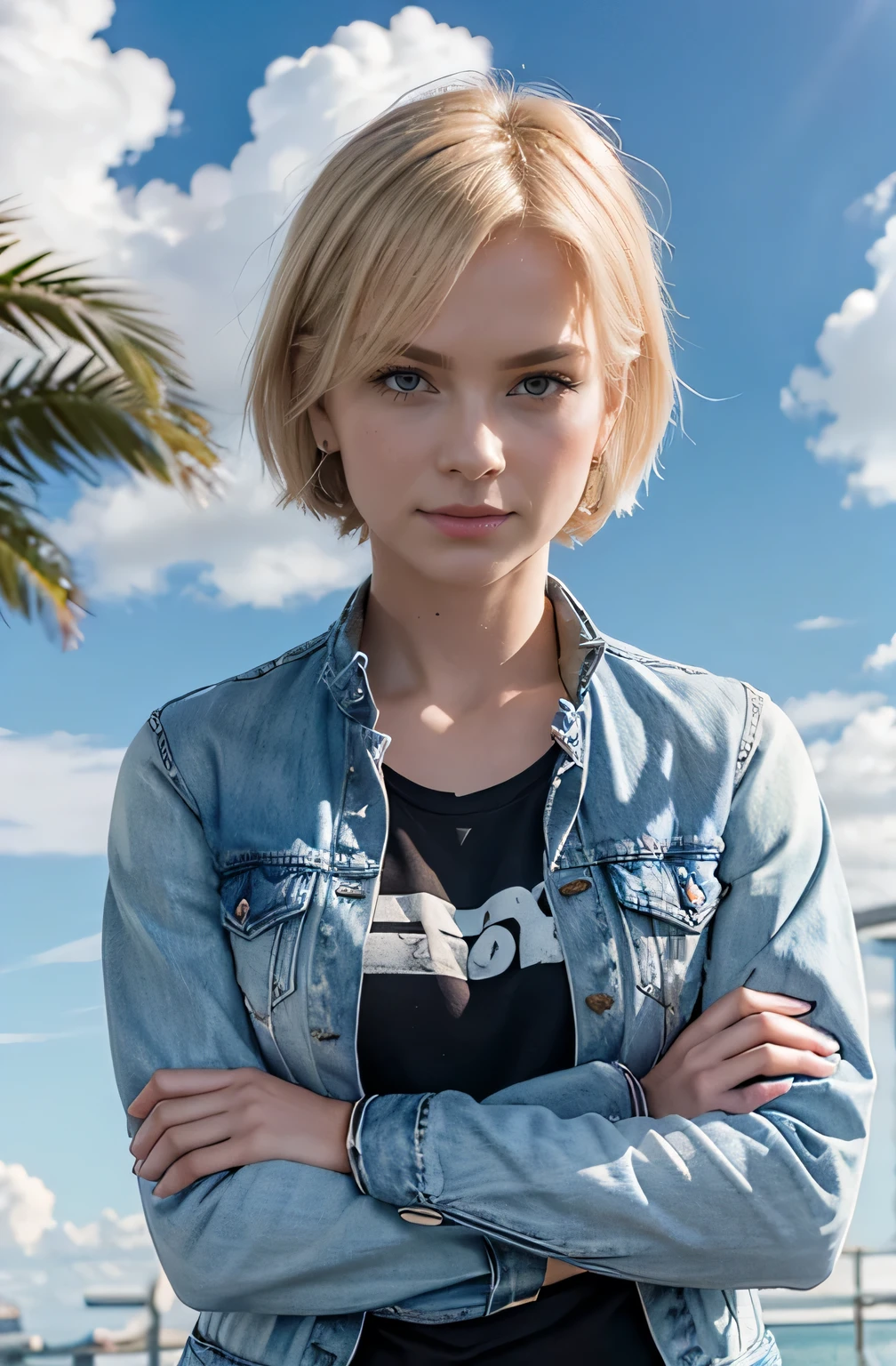 android 18, blue sky, upper body, crossed arms, sky, denim, smile, striped, black shirt, short hair, denim jacket, solo, blonde hair, blue eyes, striped sleeves, closed mouth, shirt, looking to the side, 1girl, earrings, cloud, jacket, jewelry, long sleevesandroid 18, blue sky, upper body, crossed arms, sky, denim, smile, striped, black shirt, short hair, denim jacket, solo, blonde hair, blue eyes, striped sleeves, closed mouth, shirt, looking to the side, 1girl, earrings, cloud, jacket, jewelry, long sleeves