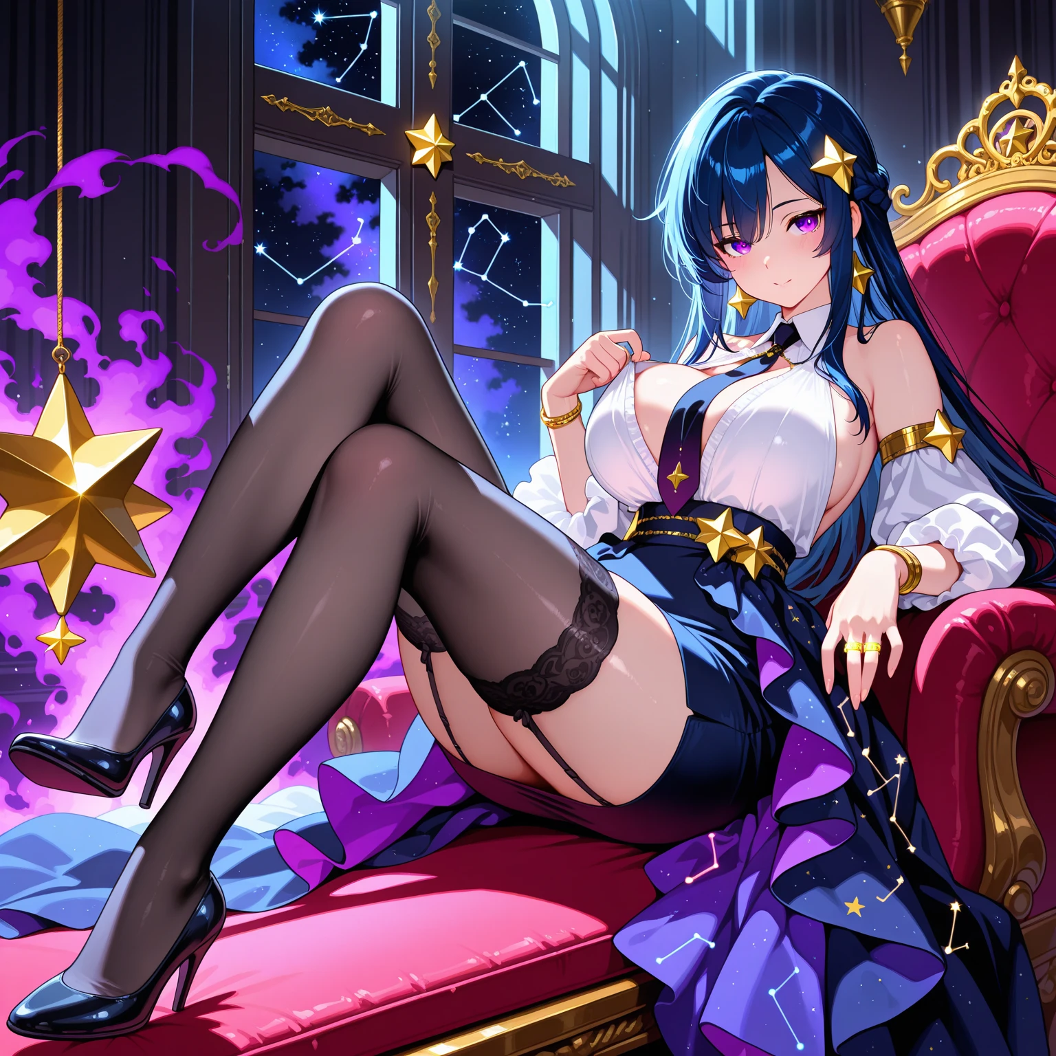 anime girl in a dark blue beautiful dress, beautiful breasts, a night background with stars, a beautiful pose, ;D, beautiful legs, sitting