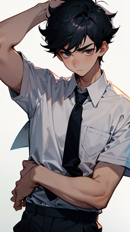 （1 Adult male），A high resolution， Sharp focus， Pixiv masterpiece， （（Complicated details））， highly  detailed， natsuki_subaru， 1 man，Lying in the mud， Lazy，full bodyesbian， Golden eyes（eyes glowing）， Short blue hair，white  shirt，Wear a tie，Wear a belt，perspire，rain，Drenched，Sweaty crotch，look from down