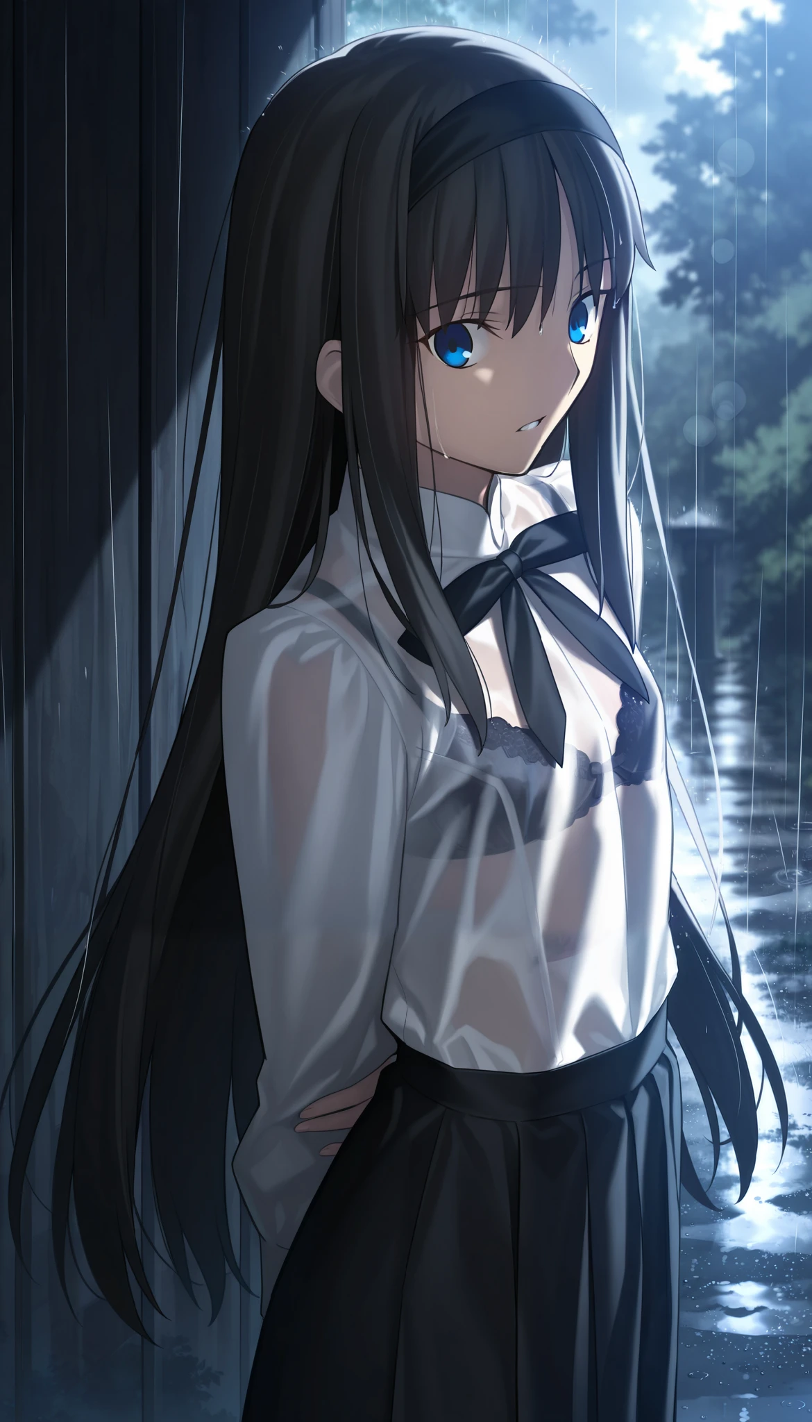 masterpiece, , absurdres, highres, detailed background, high resolution, masterpiece, necessary, detail, best quality, quality, necessary, details, High details, Precise, dark, outdoors, dappled sunlight, day, lens flare, blurry background, from above, upper body, from side,
1girl, , Takeuchi Takashi (type-moon,tsukihime) style, takeuchi takashi style,
tall girl, mature, Akiha_Tohno, (tsukihime), black hair, bangs, long hair, blue eyes, upturned eyes, black headband, straight hair, tsurime, ,(arms behind back), surprised, wide-eyed,
(white shirt, black long skirt), see-through, bra, undress black ribbon, small breast, flat chest, , looking at viewer, rain,
