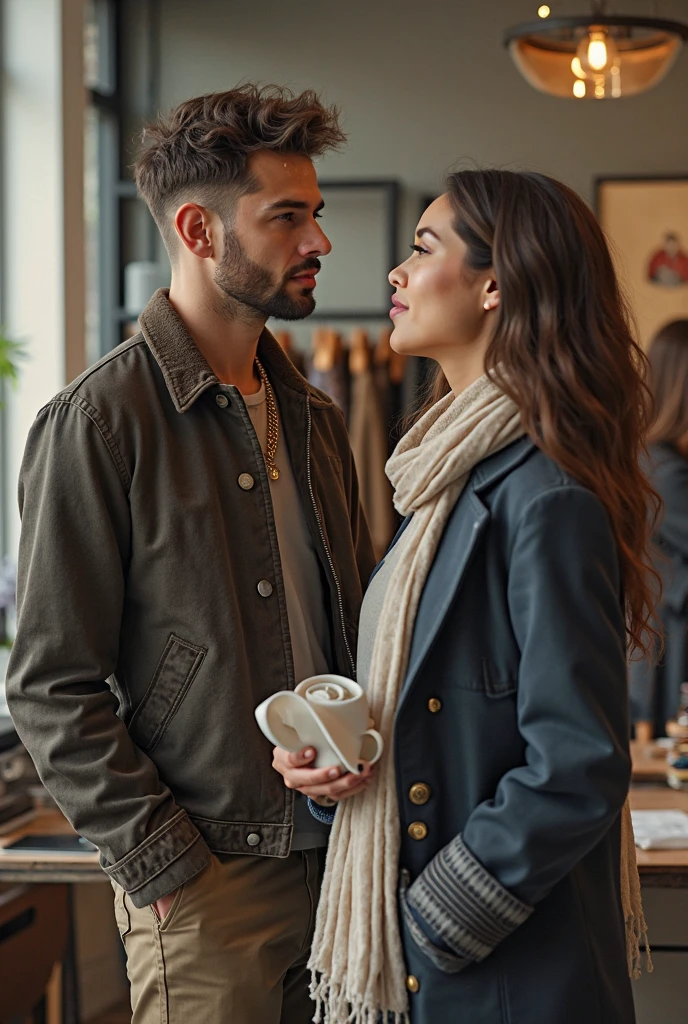 ((best quality)), ((masterpiece)), (detailed), perfect face, customers buying coffee, coffee shop, cashier (male) and customer (female), (2_people:1.4), formal attire,