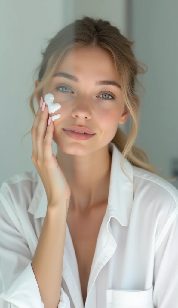 woman, personal care, skin, cleaning skin, blonde, green eyes, black blouse, skin care, face cream, applying cream to face, smiling, cheerful