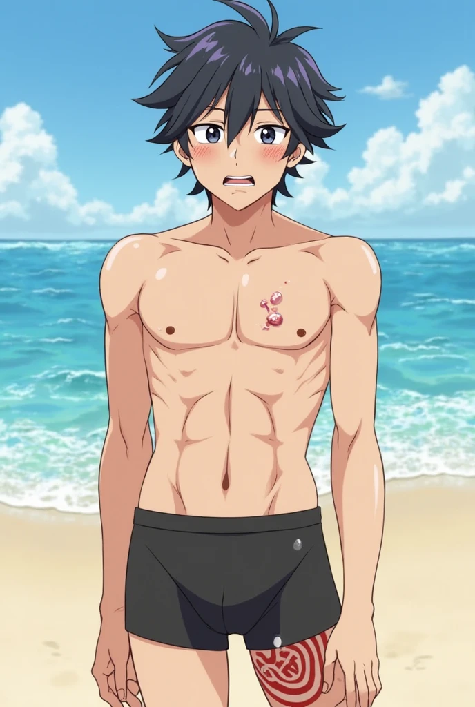 wearing tight white tank top, ((wearing speedo)), large bulge,