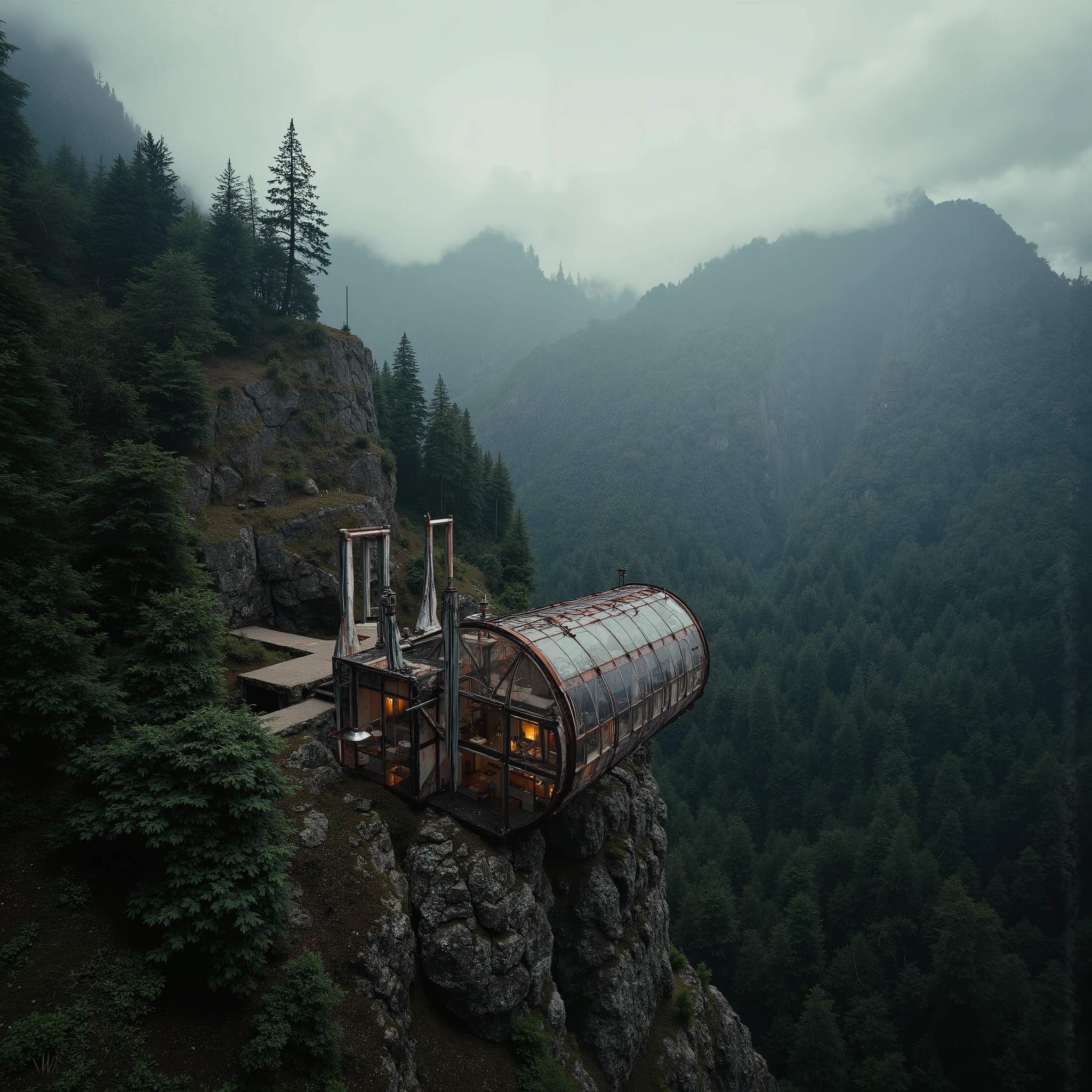 Shattered Solitude: The Glass Fortress of the Forgotten", Spectacular architectural escapism. Paradoxically built with vertigo induced proportions and mind bending perspectives), (Bizarre builds), A n awe-inspiring jungle mountain retreat and bunker, (dark minimalist + brutalist architecture), lush, hazy, detailed, imaginative designs (and epic composition with drone cinematography by Jonny FPV, awe inspiring with a gravity-defying and immersive POV, muted colour analog color palette, (avant garde post-surrealism and brutalist retro futuristic science-fiction aesthetics), dieselpunk, future dark wave, industrial, raw concrete, rule of thirds, intricately built on the verge and clinging to a jagged congolese jungle mountainside—(spectacular perspectives), raw, edgy future tech noir, (dark avant garde brutalism), the future space pod home is composed of gritty raw and exposed metal and futuristic organic materials seamlessly integrated into the rock face.
Designed in the brutalist avant-garde styles of Kisho Kurokawa, Hiroshi Hara, Fumihiko Maki, (dark minimalist architectural design that integrates respectfully within its natural high surroundings and curated with a a gritty atmosphere of openness, it is both a refuge and a haunting anomaly in the desolate wilderness). Surrounded by megalithic mountains, with a dense pine rainforest, a gritty Pale mist coils through the skeletal pines, swallowing the distant landscape, while the last traces of a violent, otherworldly sunset bleed into the storm-laden sky—fiery pinks, reds and oranges fading into abyssal hazy blues. The ominous air is thick with an unsettling silence, broken only by the wind howling through exposed steel beams(neo gothic avant garde brutalism, stylistically sci-fi future design aesthetic. flickering burnt amber interior light suggests life The smouldering atmosphere is drenched in solitude, tension, and the surreal weight of the unknown—an architectural dream on the verge of a nightmare.”