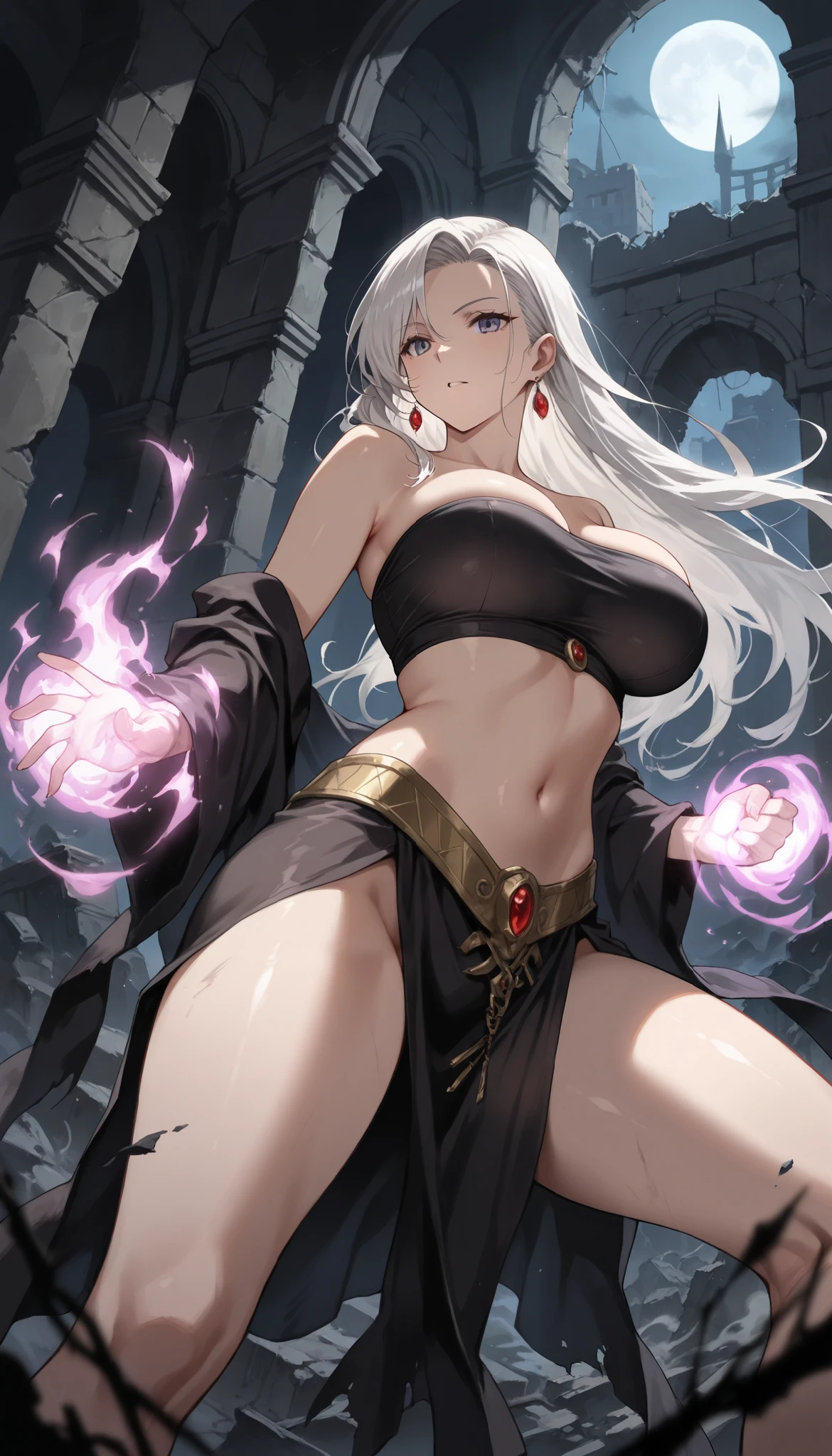 great quality, (1 woman), very focused face, diamond face, perfect eyes, (wearing mage robe), mage robe, strong shadows, full body, detailed face, (casting spell), blue flashes of light, in battle, detailed abs, shinying eyes, (masterpiece), direct light, underlight, strong jaw, (large boobs), massive ass, thick thighs, (long torso), wide waist, skinny torso, fit, perfect face, sexy, (blushing),