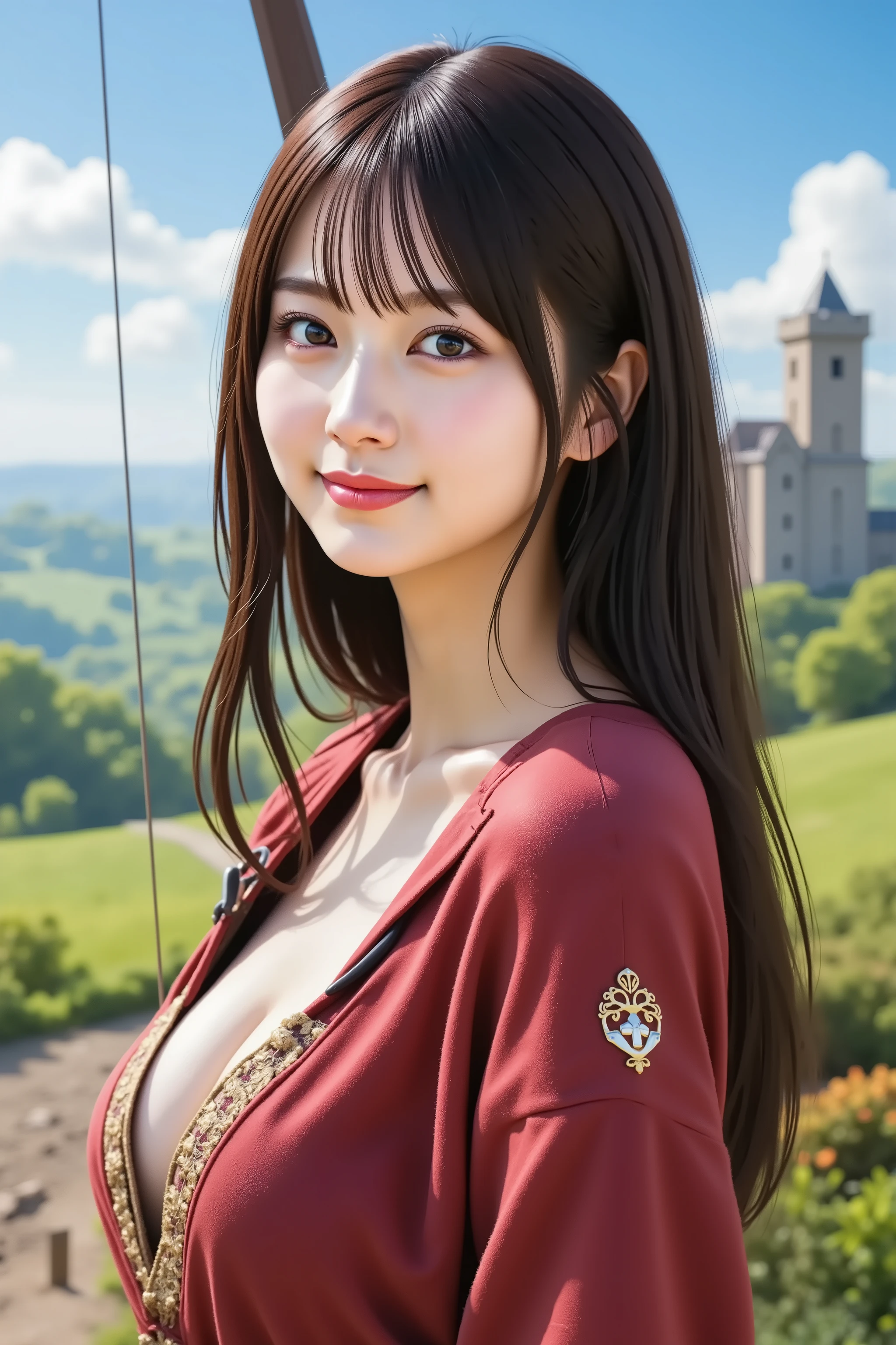 sakura, huge breast, A highly detailed, ultra-realistic digital illustration of a beautiful young Asian female archer standing proudly in an expansive, lush green field inspired by classic fantasy RPGs. She is captured in a medium close-up shot, ensuring her entire head is visible with appropriate headroom while focusing on her from the thighs up. Her long, flowing black hair cascades down her back in soft waves, with delicate bangs framing her determined yet gentle face. Her deep, expressive eyes convey both courage and a sense of adventure, while her lips curl into a confident yet warm smile. She wears an elegant yet battle-ready archer’s outfit, consisting of a fitted red and crimson tunic with golden embroidery, layered over a lightweight but durable set of leather armor designed for mobility and protection. A deep red hooded cape drapes over her shoulders, catching the breeze slightly and enhancing her striking presence. Her hands are clad in sleek fingerless gloves optimized for precise bow handling. A slim utility belt with arrowhead pouches and a quiver hangs securely at her side. She holds a finely crafted longbow made of polished dark wood and reinforced with silver inlays; the bowstring is taut as if she’s ready to strike, while an arrow rests lightly, prepared but relaxed. The background showcases a vibrant, open field with rolling green hills stretching far into the horizon, reminiscent of Dragon Quest-style landscapes. A dirt path winds through the meadow, and in the far distance are hints of medieval architecture and a majestic castle. The sky above is bright blue with soft white clouds scattered gently. A few small fantasy creatures roam in the distance, and several trees now dot the edges of the scene, adding subtle depth and natural variation to the environment.