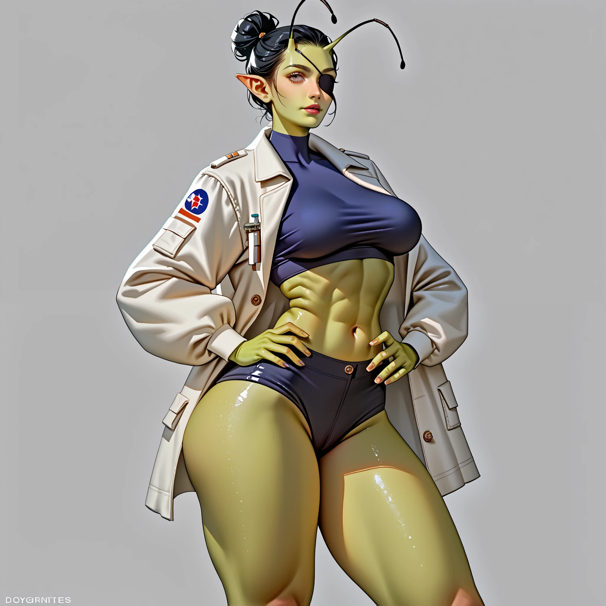 score_9, score_8_up, score_7_up, tall slim thicc alien, light green skin female with jet black hair in a bun. She has two antennas coming out of her hair and pointy ears. She is a doctor but comes off as a ganster. She smokes leaves from her planet during surgeries. She wears an eye patch on her left eye, hes scares on the left side of her face. Her eyes are purple. She is wearing a space suit that exposes her midriff, wearing a docters coat. She has a six-pack. Large breast, slim waist. Lean muscular build, long legs (view from behind, posing) ( green skin )