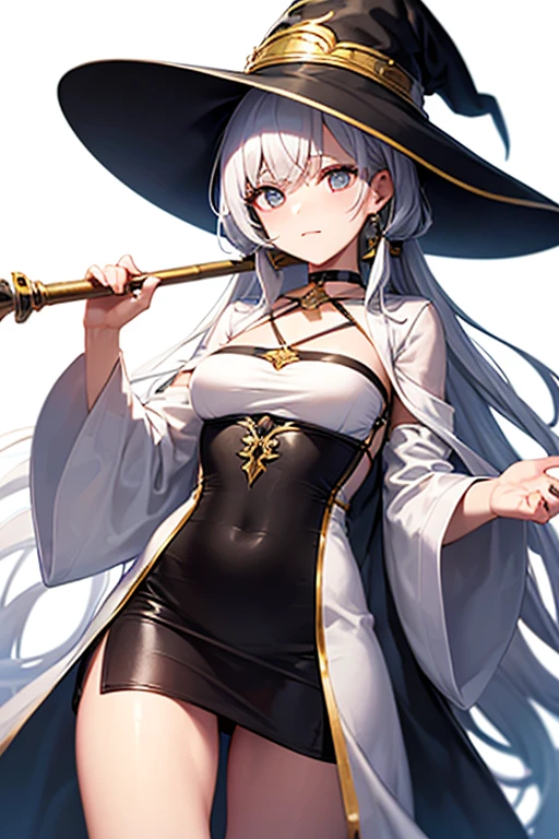 tsundere cute girl, thin body, flat chest, wide wips, sexy dress, navel, cross laced, high mage, very long hair, staff, medieval fantasy, runic details, mage hat, magic circle, underboob