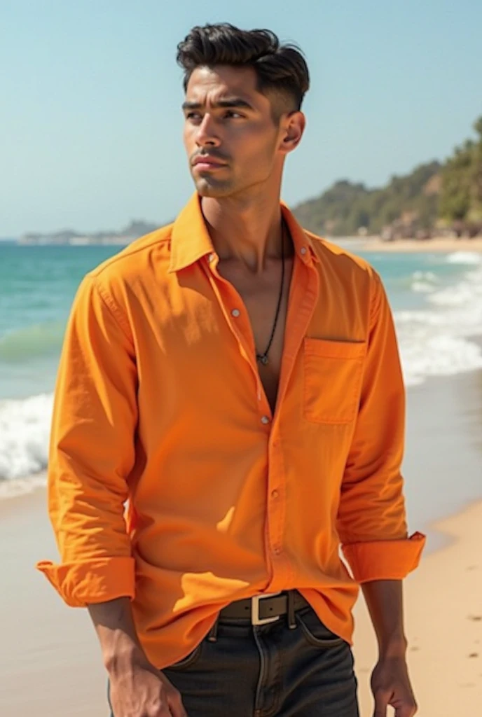 Handsome and cute man, carrot orange colour cloth, background beach , brown skin tone, black jeans, black hair, looking at side