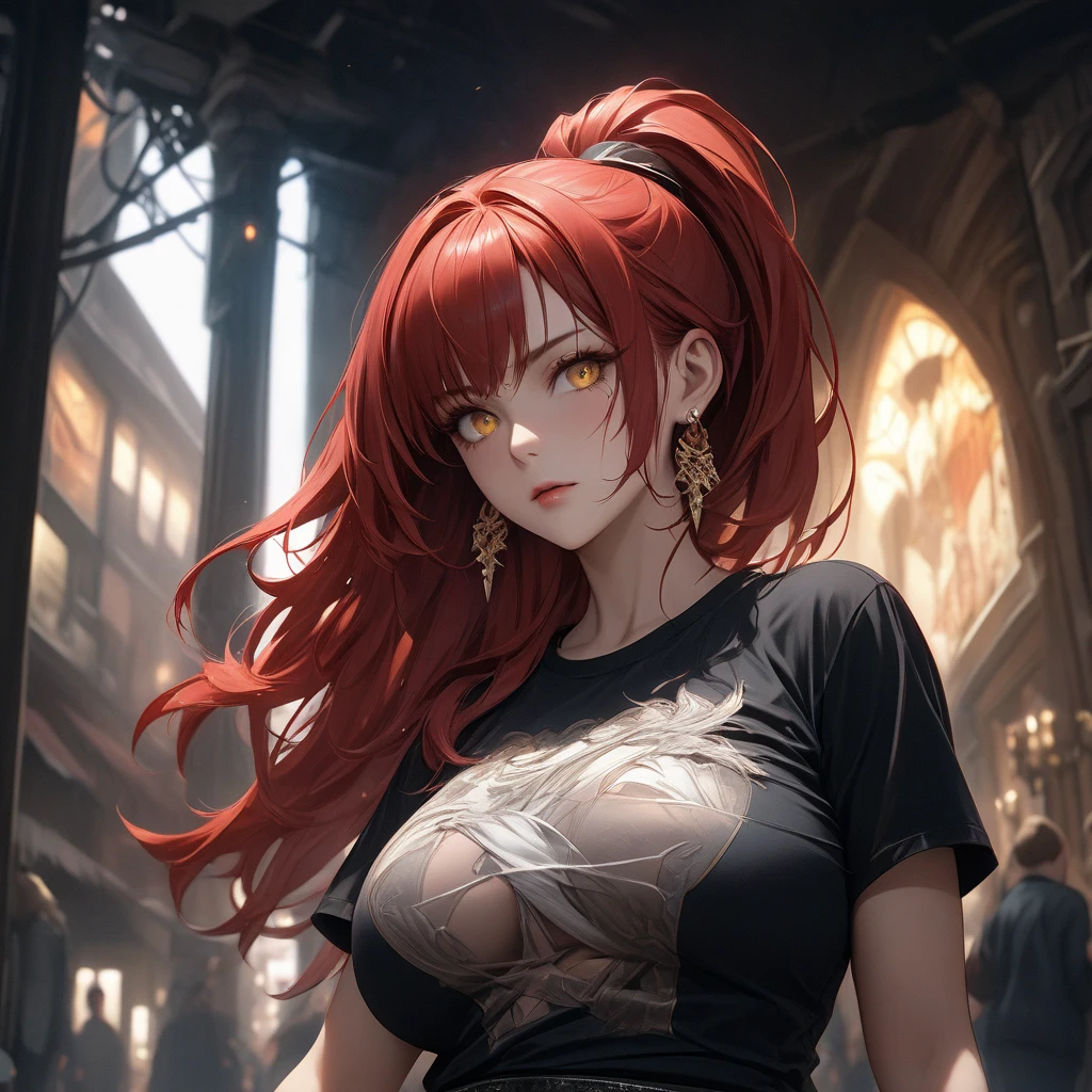（tmasterpiece，Need，1girl，solo，The details are complex，color difference），photorealestic，（（Medium breath）），cropped shoulders，huge tit，Raised sexy，Ji Xiaoman，Yellow curly hair，red headgear，Red highlight，Hair above one eye，Green eyes，耳Nipple Ring，sharp look，Perfectly symmetrical figure，choker，Neon shirt，Open jacket，high-necksweater，against a wall，brick walls，scribbles，dim murky lights，