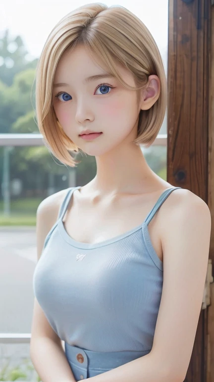 pretty girl, (Ash Blonde Hair), ((very bun hair)), Perfect Face, An innocent smile, Upper Body,(blue eyes), (Yan), (small), (thin), ((small胸)), ((Only 16)), Skin Dentition, Extremely detailed, Attractive oval face, Red lips, pink, Glowing Skin, Fine hair, Face Focus, Chest close-up, Gorgeous hair ornament, Gold earrings, ((1 girl)), Embarrassed expression,