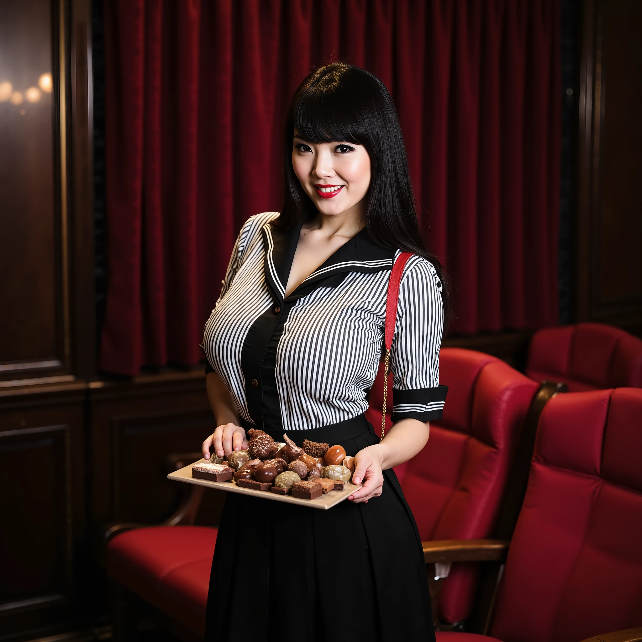 Professional photographic shot of a beautiful young woman selling chocolates in an elegant indoor setting. She has long, dark hair styled neatly, with a warm smile and expressive eyes. She wears a classic uniform consisting of a striped white blouse with a black collar and tie, paired with a dark pleated skirt. A red-strap tray filled with assorted chocolates and candies rests in front of her, secured over her shoulders. The ambient lighting highlights her face and the glossy textures of the sweets, creating a rich visual contrast against the dimly lit background. The setting resembles a vintage theater or cinema lounge, with dark curtains and soft, golden lighting casting a nostalgic atmosphere. The composition focuses on her friendly expression and the details of her attire, using a shallow depth of field to softly blur the background. Subsurface light scattering enhances the realism of her skin, while subtle backlighting adds a cinematic glow to the scene.