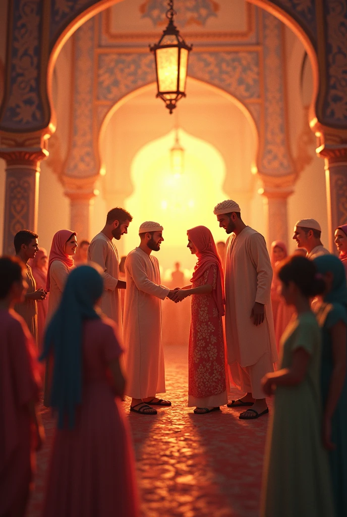 Outside a large mosque, Muslims are seen greeting each other and sharing smiles after the Jumu'ah prayer, reminiscent of an Eid celebration. The scene is filled with joy, and their attire reflects a festive spirit.