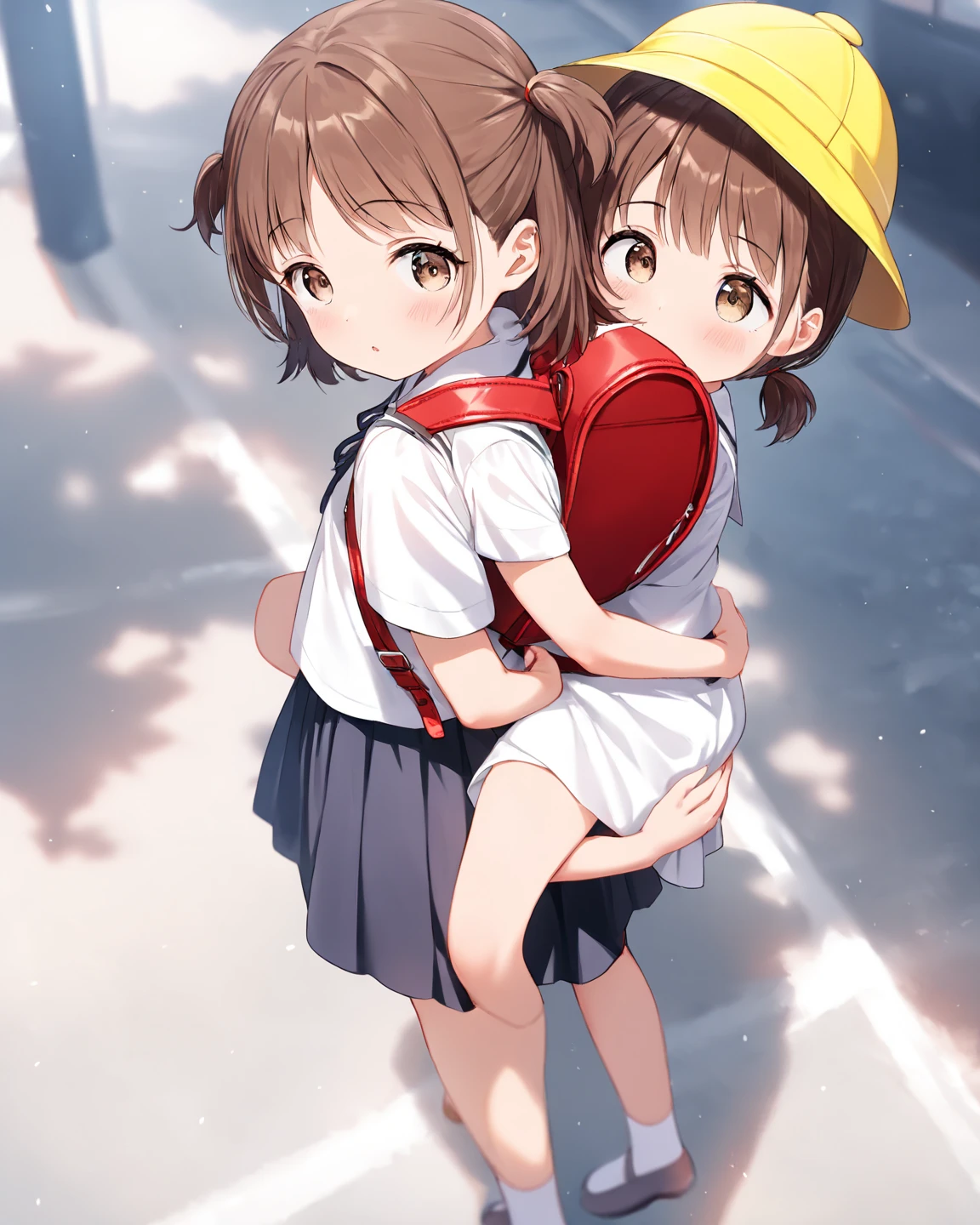masterpiece, High resolution, Twin sisters, Brown Hair, Hair Clio, Medium Hair, ponytail, sad, blue eyes, wearing red Backpack, (Backpack:1.1), , No pants, (:1.2), Are standing, Outdoor ,pussy,Complenaked,naked,Gym soddlere T-shirt with red collar
