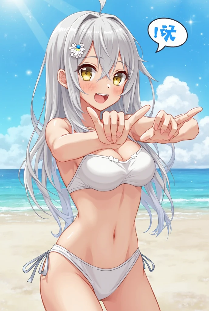 On the beach, wearing white bikini, wearing white stocking, peace pose, white hair, twin tail hair, medium breast