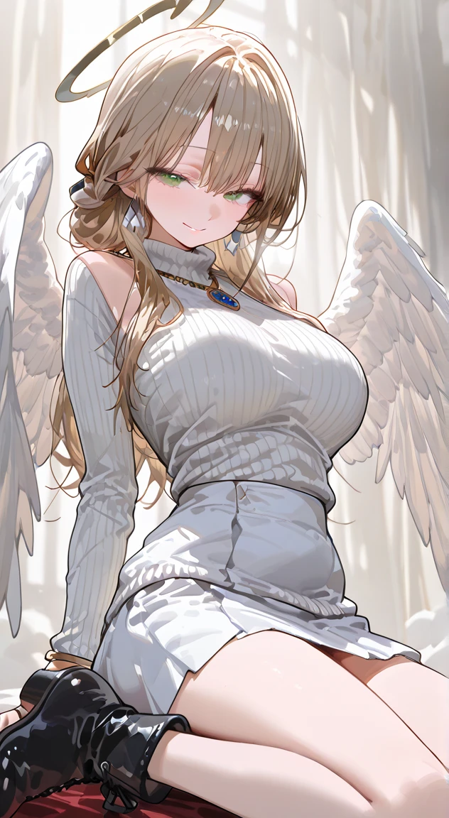 Full body image,High resolution, Highest quality, masterpiece, 超High resolution, 超High resolution, ultra-realistic, 3d, アニメ, figure, alone, 18-year-old,A very beautiful and cute woman in her 20s, Adult,Ample breasts, She was wearing a pale white floral mini-skirt dress.、Flapping its wings, Her hair is moving, whole body, Amazing perfect proportions, Shiny light brown medium length hair, High Layer Cut, Mallet Hairstyles, Bright Blue Eyes, Black knee socks,Happy, shy,{{The angel possessed a young girl and took over her body, transforming her into the human form of an angel, in order to have vaginal sex with a human man.,Angel in human form,He took everything from a young human girl.,A human girl who has grown to have the face, chest and figure of an angel.,An angel who became a human girl}},The is now of high school age., NSFW