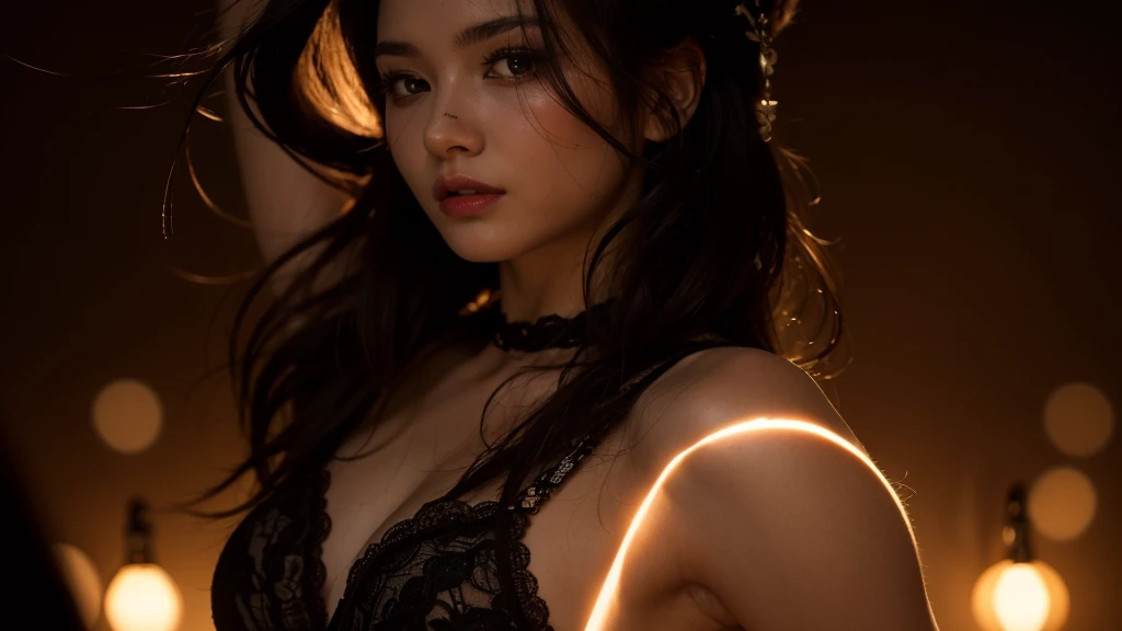 (Photoreal Stick:1.5, masutepiece:1.5, 8K), (top-quality, ​masterpiece, 超A high resolution), Perfect dynamic composition, Professional camera work:1.4, Highly detailed skin and facial texture:1.3, Mystical portrait:1.3, Grow Light Effect, The ultra-detailliert, 1girl in, ((Night view from inside the building, Pitch black room:0.9, The moonlight at night shines through the glass)), (light golden nightgown), Model body type, Clear face, (Beautiful and seductive eyes:0.9, Enraptured look:1.0, i love you completely:0.8, A mouthfeel that feels beautiful eros:0.7), (Wet dark brown medium hair), candles, the chest is medium, a necklace, (Leaning against the window, Sit up), ((seductiv, Functional, Bombshell))
