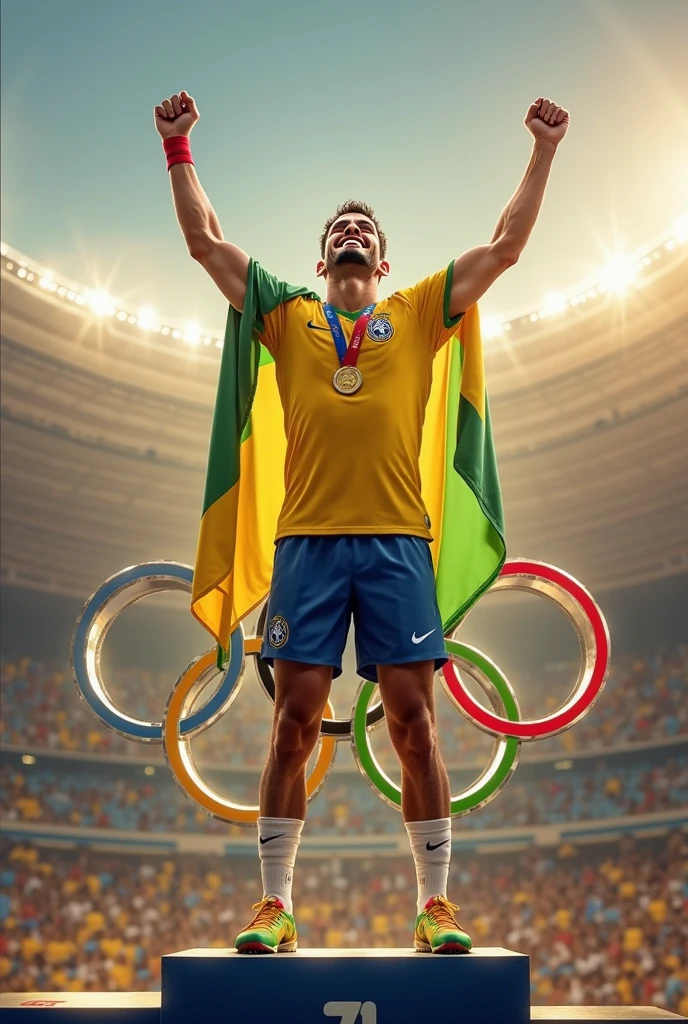Imagine a cena: a Brazilian athlete is on the Olympic podium, with the national flag fluttering in the background and the audience applauding enthusiastically. He is standing on the top step, showing off the gold medal with a smile of euphoria. on wrist, a modern and stylish smartwatch shines under the podium lights. o smartwatch, besides being a stylish accessory, is monitoring the athlete's heart rate in real time.
While the athlete celebrates, you can see a smartwatch display, visible to anyone observing closely, displaying graphs and numbers showing heart rate during the event. This detail not only underscores the importance of health and performance monitoring, but also symbolizes the integration of technology with elite sport. The watch is a testament to the meticulous preparation and strategy behind Olympic success, in addition to highlighting the role of technology in optimizing athletic performance.