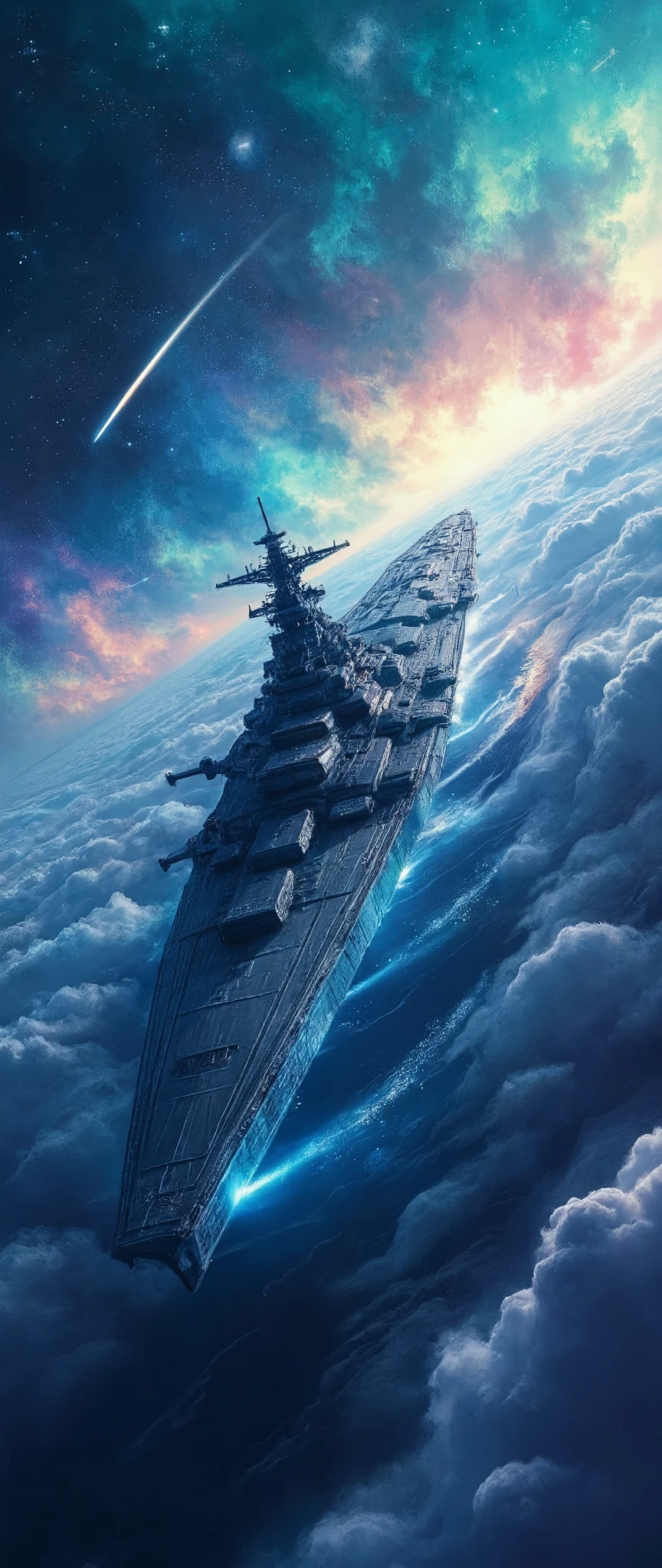 High Definition Space Images、 Bright Interstellar Clouds、Space Battleship、Interplanetary Voyage Spaceship{x}Yamato Class Space Battleship、  shooting star、Authentic Art、Follow the Migrant Fleet、digital art。Comfortable silence 、space{{more}}、カラフルな宇宙space。