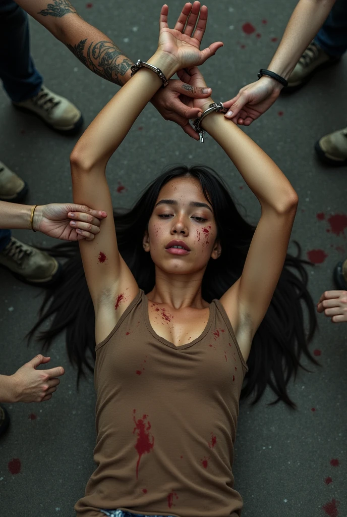 A very beautiful naked Indonesian girl with very hairy armpits and sixpack abs crying and get bleeding when crucified