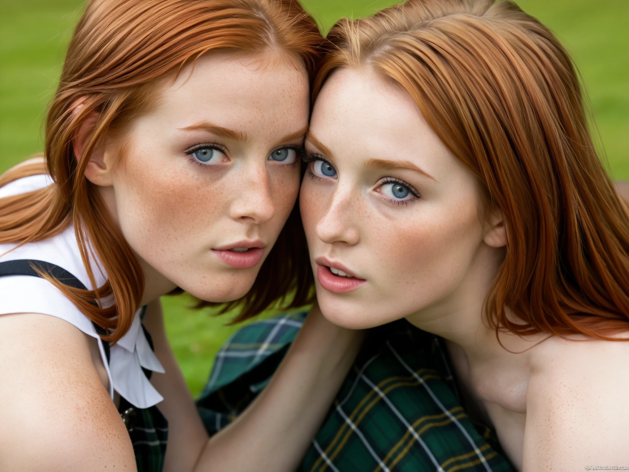 Photo realistic), 2 Sexy scottish girls, she has freckles, shes wearing a kilt, she is beautiful with a skinny athletic body, she has ginger hair and blue eyes, she is sexual and flirty, she wants to have sex, perfect round ass, detailed faces, pretty eyes, lifelike skin texture, anatomically correct faces, pussy, perky breasts, background is the Scottish highlands, outdoors in scotland, kilt, girls kilt, 24 years old, lesbian , accurate detailed eyes, sexually touching eachother, fingering, fingers in pussy,  