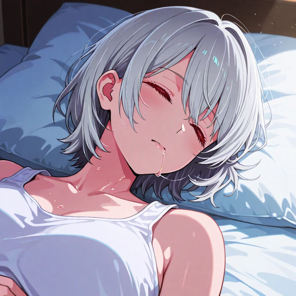 small hoobs,(pubic hair:1.3),smile,Silver Hair,Short Hair,beach,lying down sleeping,