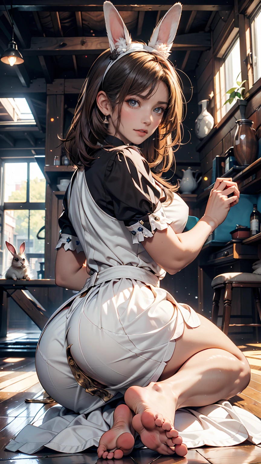 (((1 woman in frame), Pretty Caucasian (female), Sarah Shahi, a slim but muscular body, huge breasts)), ((bright red lipstick)), ((seductive smile)) ((big bright blue eyes looking towards the viewer)) ((short tied dark brown hair)), Ultra realistic 8K, flawless, tall,(Red Lip, Heavy makeup), Earring、running behind butterflies、Nikon Z 85mm, ((Best Quality)) ,((masterpiece)), intricate details, Extremely delicate and beautiful, ((alice in wonderland costume:1.6, (sky blue puffed sleeve short micro mini dress(ultra mini dress, very very very very very short dress exposing panties)、bunny ears、((beautifull exposed long thighs))、)):1.0、detailed two hands and fingers、Full body shot:1.0、Sexy look, standing pose、NSFW:1.0, forest background, evening, ((view from behind))、
