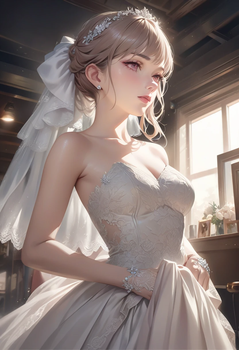 Delicate watercolor fashion design illustration of a slender croquis doll gracefully showing off her elegant apron wedding dress。This illustration 、Capture the fantastic beauty of the dress、Soft washes of watercolor blend seamlessly、Showcasing flowing fabrics and intricate details。Sketched' The pose exudes effortless grace...、Enhances the femininity of the dress。