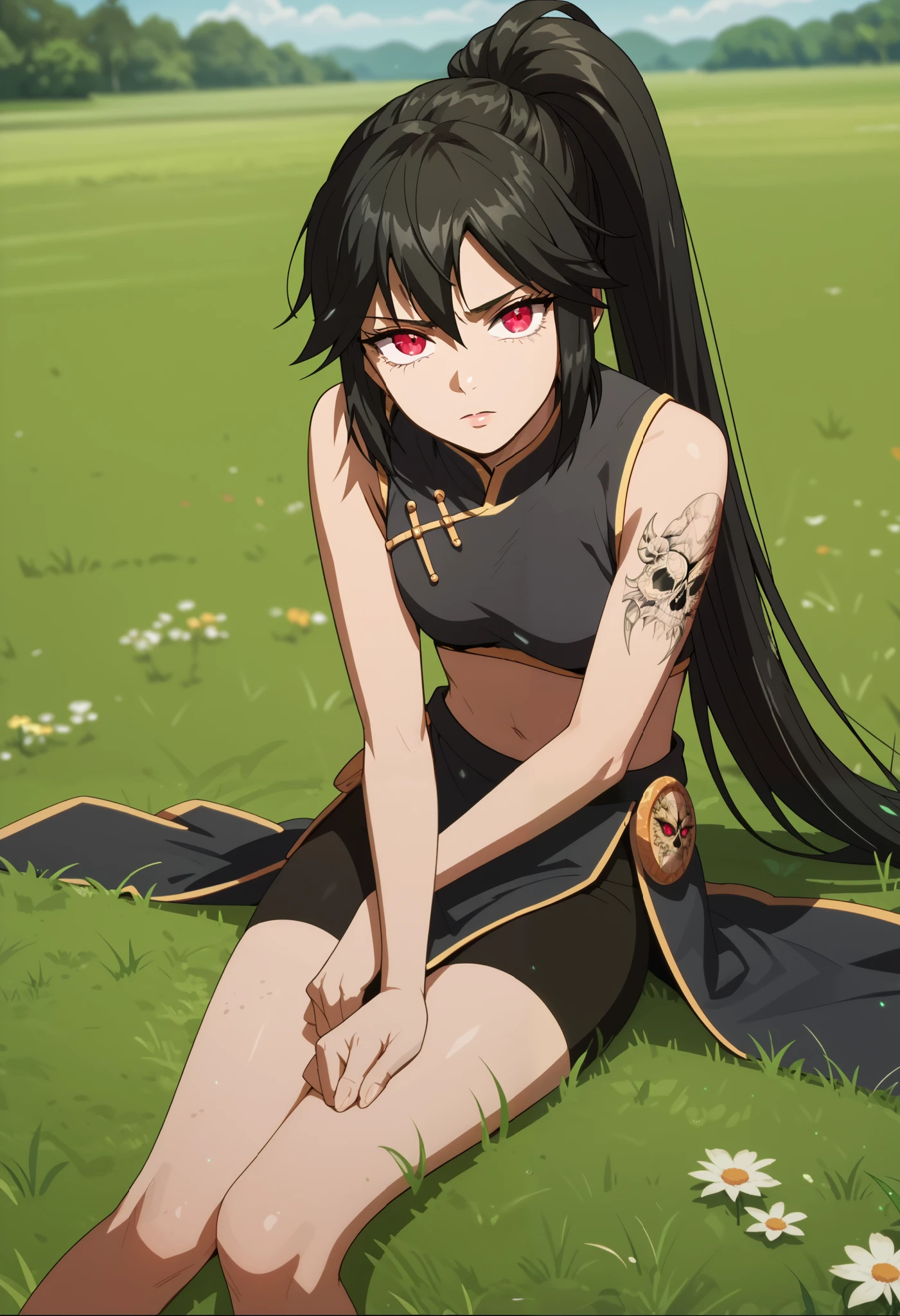 Anime girl sitting on the ground in a field of grass - SeaArt AI