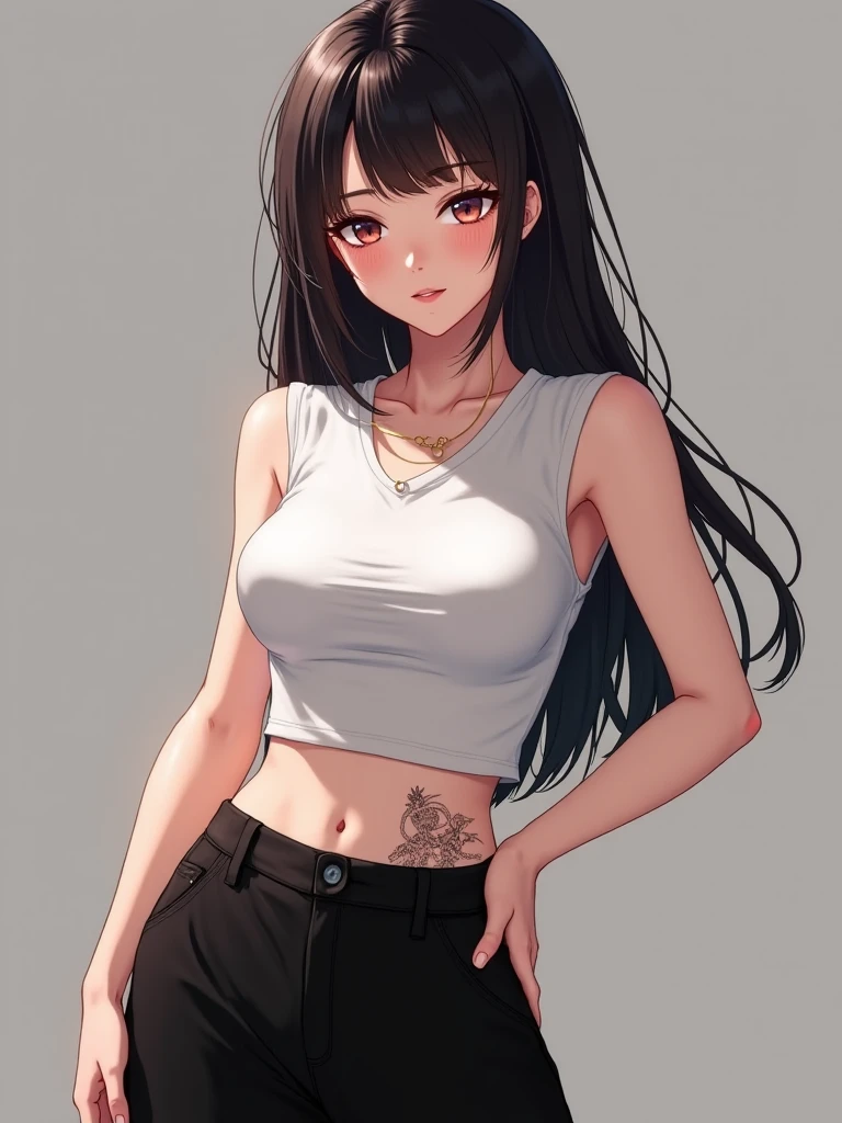 Black Hair Beautiful breasts beautiful girl Tank top mini skirt White panties through the gap in shorts hairpin Long Hair Forehead