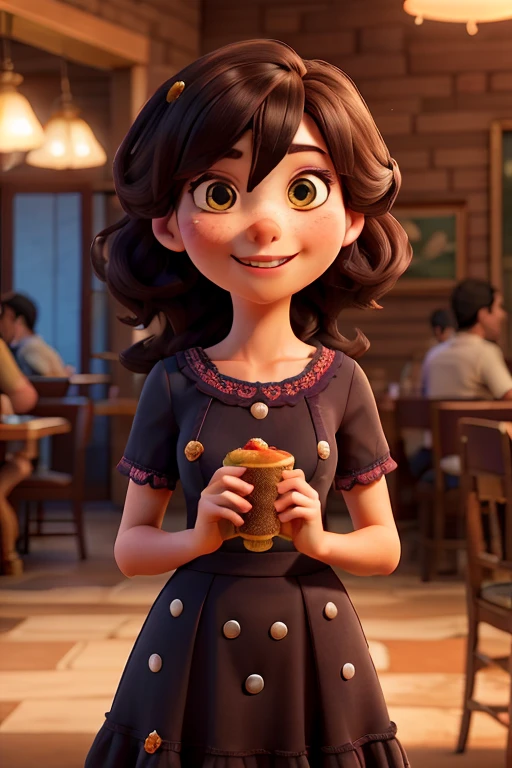 (Realistic),masterpiece,best quality,cinematic lighting,natural shadow,highest detail,professional photography,detailed background,depth of field,insane details,intricate,aesthetic,detailed face,subsurface scattering,looking at viewer,1girl,full body,light smile,charming,20yo,French bob Hair.Ahoge,(md colorful),Fit and flare lace dress,Frill,Playing an Instrument, culinary delights, delicious dishes, gourmet experiences, refreshing beverages, international cuisine, dining culture