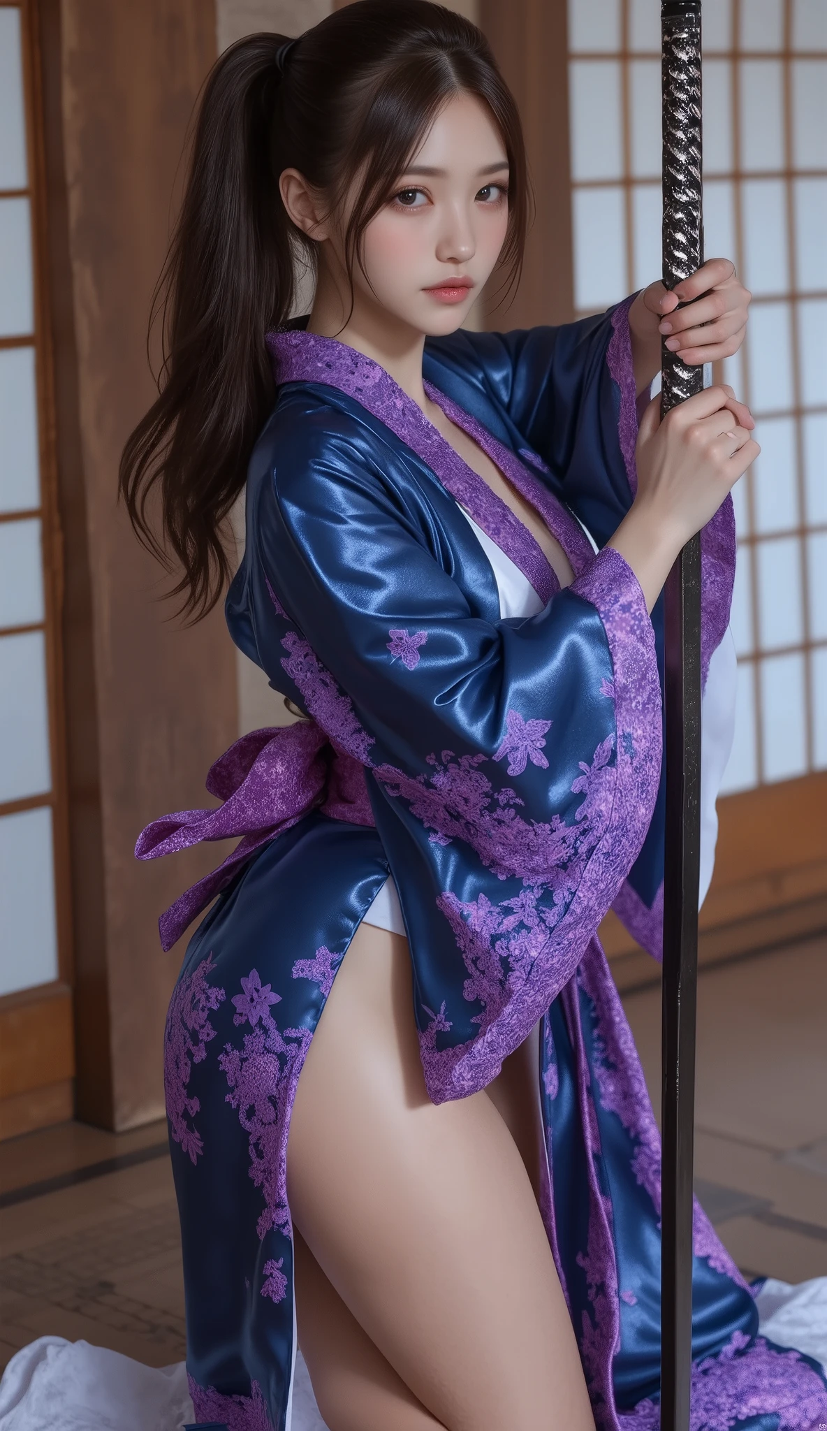 (hyperrealistic), (illustration), (high resolution), (8K), (extremely detailed), (best illustration), (beautiful detailed eyes), (best quality), (ultra-detailed), (masterpiece), (wallpaper), (detailed face), solo 1 girl, purple long braided hair, korean, heterochromic eyes, small moles under the eyes, kimono, t string, big breasts, long legs, camel toes, dynamic pose,angry face,glowing hair