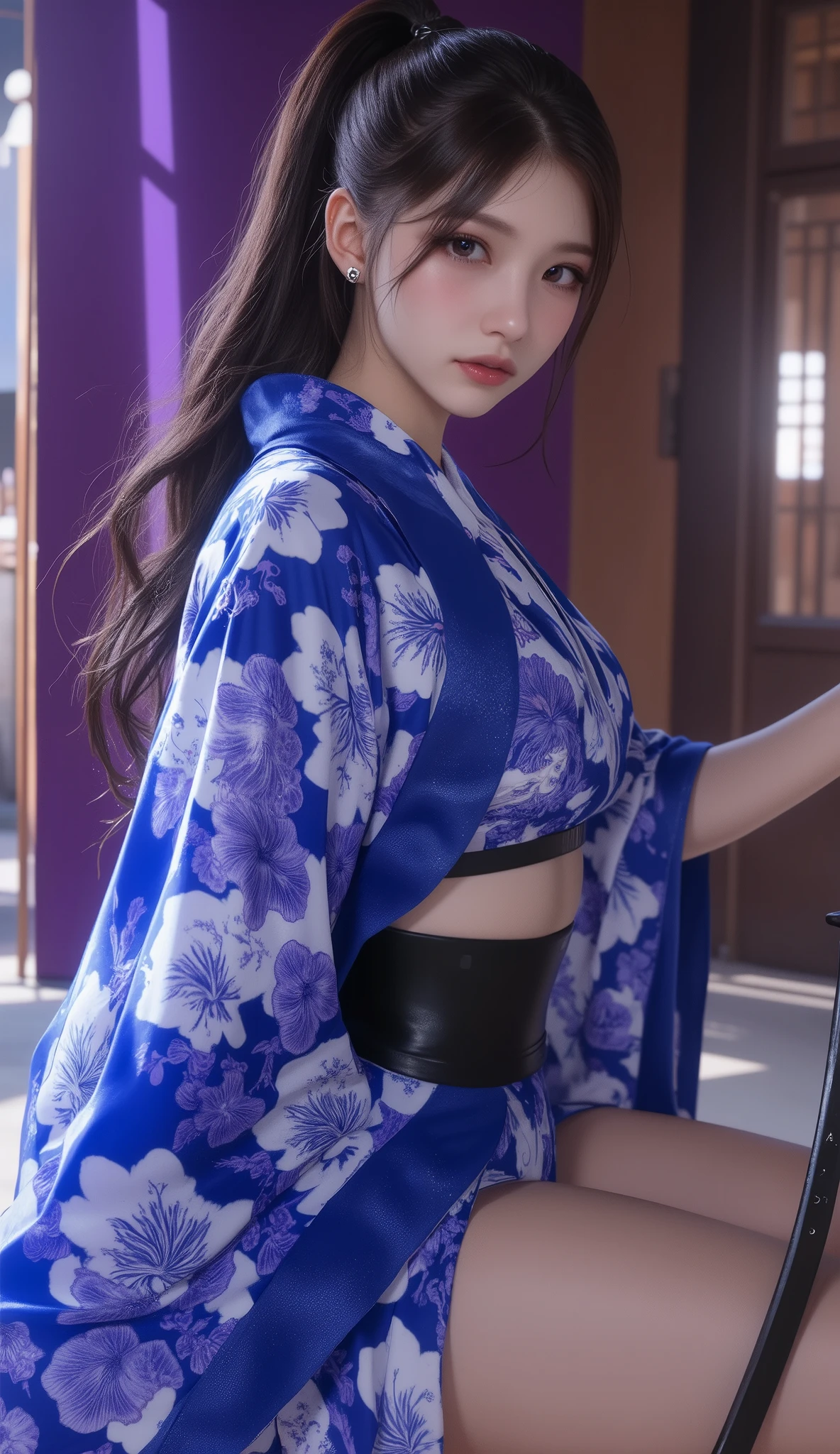 1 girl, alone, looking at the viewer,, black hair, hair ornaments,, kimono, kimono, sash, compensate, gloss lipstick,, red lips, ,silk stockings ,See-through hakama, dark purple eyes ,No pattern, ,Open Crotch See-Through, Black face veil , black nylon , silk stockings ,See-through hakama、 ,sheer ,enamel high heels, pearl necklace, straight, long hair , hair ornaments