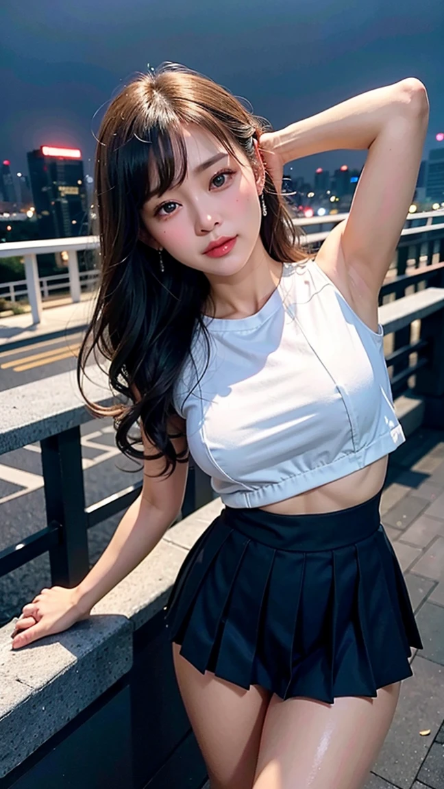 ((Midnight, highest quality, 8k, masterpiece :1.3)), whole body, Long legs, Sharp focus :1.2, Beautiful woman with perfect figure :1.4, Slim Abs :1.1, ((Dark brown hair, Big Breasts :1.2)), (White tight T-shirt, Jean Bib, Are standing:1.2), ((Night city view, rooftop:1.3)), Highly detailed face and skin texture, Fine grain, Double eyelids one girl,highest quality,masterpiece,figure,Very delicate and beautiful,CG,Unity,8k wallpaper,wonderful,In detail,masterpiece,Official Art,Very detailed CG Unity 8k wallpaper,Incredibly absurd,Large file size,Very detailedな,High resolution,Very detailed,Beautiful detailed girl,Realistic,from the front,Outdoor, suspenders Large swollen breasts Black mini skirt garter belt Knee-high socks bangs Beauty Hands up Black boots one person Dress shirt hands touching back of head as she puts her hair in a ponytail, sitting down, Armament holster A room at the Belt Hotel Bed Wall side