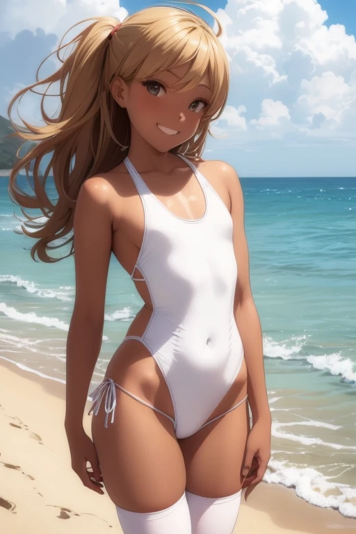 (Best quality, dynamic lighting, highly detailed, HDR) blonde haired young woman, twintailed, cute, pretty, beautiful, brown eyes, skinny, , short, small breasts, white onepiece swimsuit, cameltoe, sleeveless, bare shoulder, cleavage, smiling, beach background