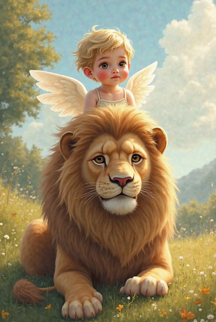 This image portrays a heartwarming and fantastical scene where a small angelic figure, with delicate wings and curly blond hair, is gently interacting with a majestic white lion. The lion, with an impressive mane and calm, wise expression, also possesses large wings, adding to the mythical atmosphere. The two are positioned close to each other, evoking a sense of companionship and trust. The setting is tranquil, with soft light illuminating the figures, creating a serene and magical ambiance. The water beneath them reflects their forms, adding to the ethereal quality of the scene.