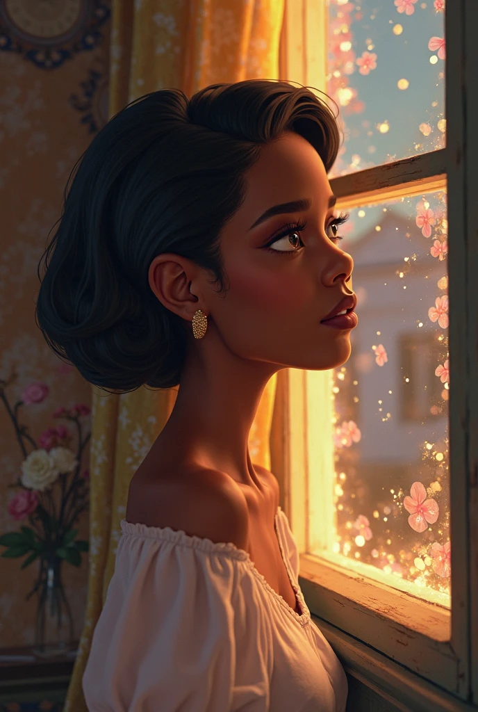 Upper body shot, ((beautiful black woman with flawless dark skin)), long hair with gradient glow, flare, electric colors, clearly defined facial features, big detailed eyes, ((( wearing an off the shoulder sweater))) glowing flowers in the background, masterpiece, best high quality image,96k, uhd, depth of field, 1080P wallpaper, spotlight, character focus, high quality, insanely detailed, UHD picture quality in the style of Amy Sol