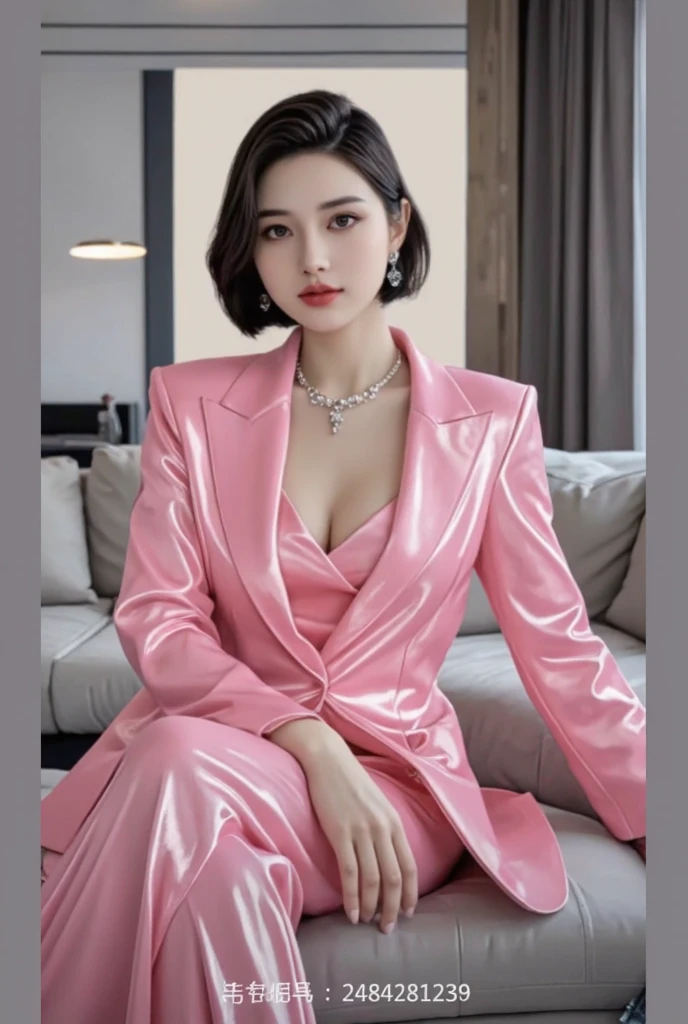 A woman in a pink dress sits on a chair In a luxury jewelry store, woman in suit, Wear tight skrit, young woman in a suit, Gorgeous Chinese model, in business attire, cute woman, strict suit, good girl, beautiful asian girl, Wearing a light pink suit,