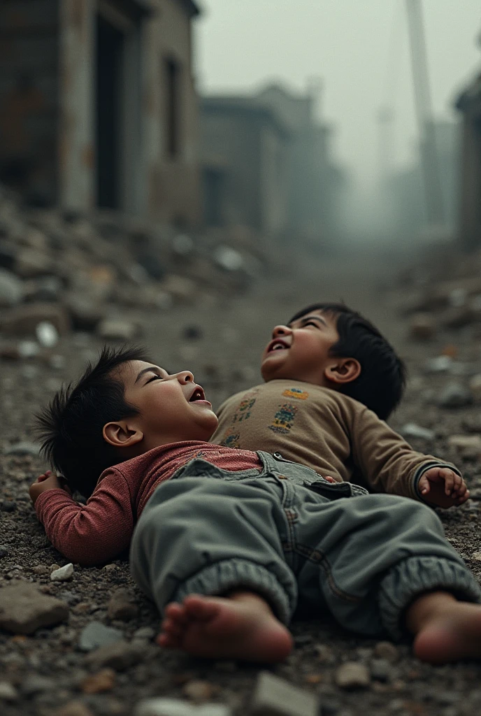 A girl holds a boy's hand lying on the ground and he also holds her hand with a background of destruction or sadness