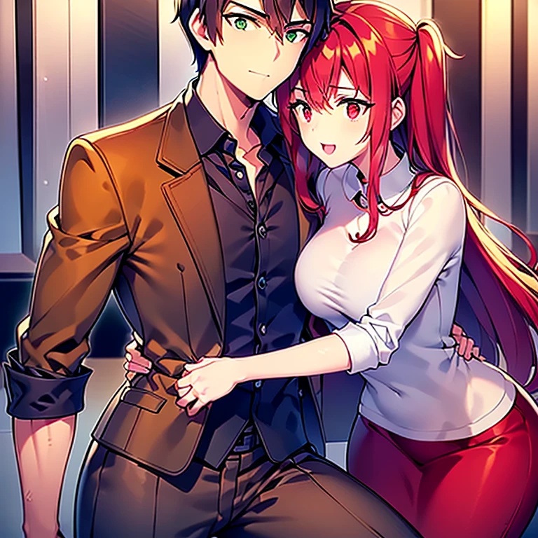 A woman with long hair tied in pink buns on both sides wearing a seductive cat outfit sits on the lap of a handsome 19 year old man wearing a red suit with a black head.