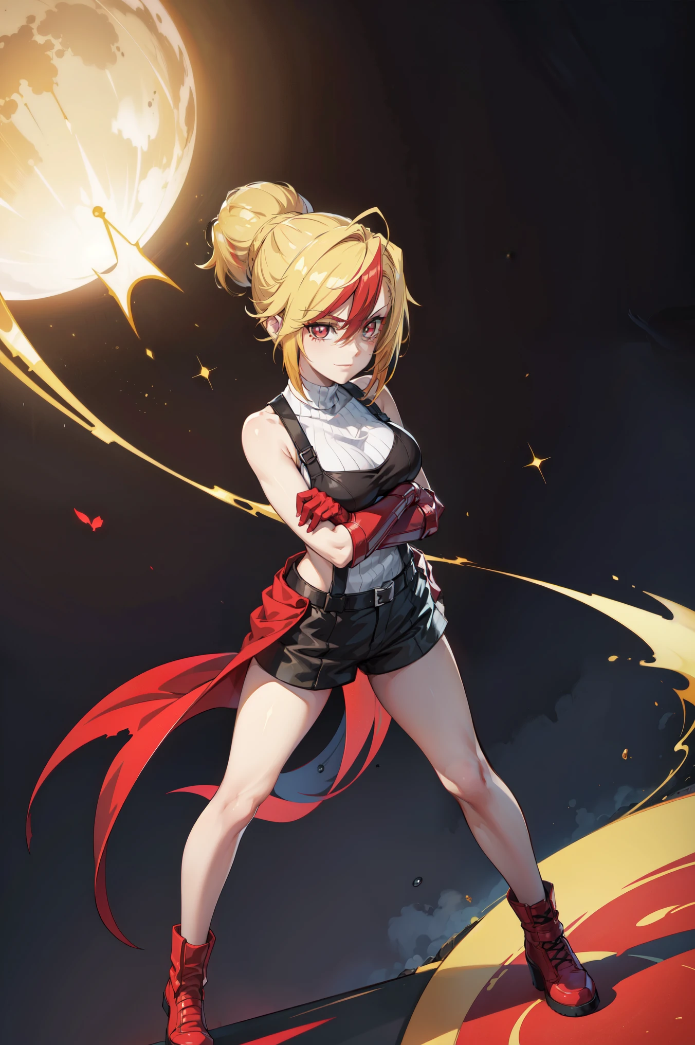 (masterpiece, best quality:1.2), red glowing eyes, red eyes, the eyes are red, perfect face, , strong make up, highres, 1 girl, solo, ultra long ponytail, (female:1.5), strife, blonde hair, shoulder armor, sleeveless turtleneck, suspenders, belt, gloves, bracer pre potent smile, perfect legs, crossing arms , evil smile, evil pose, standing, portrait, looking at viewer, Her hair is streaked with red and blonde highlights.fullbody overview, full body view, Keep your shoulders back and maintain a straight line from your head to your feet. Full body overview, feets close, symmetrical front, head straight to the viewer