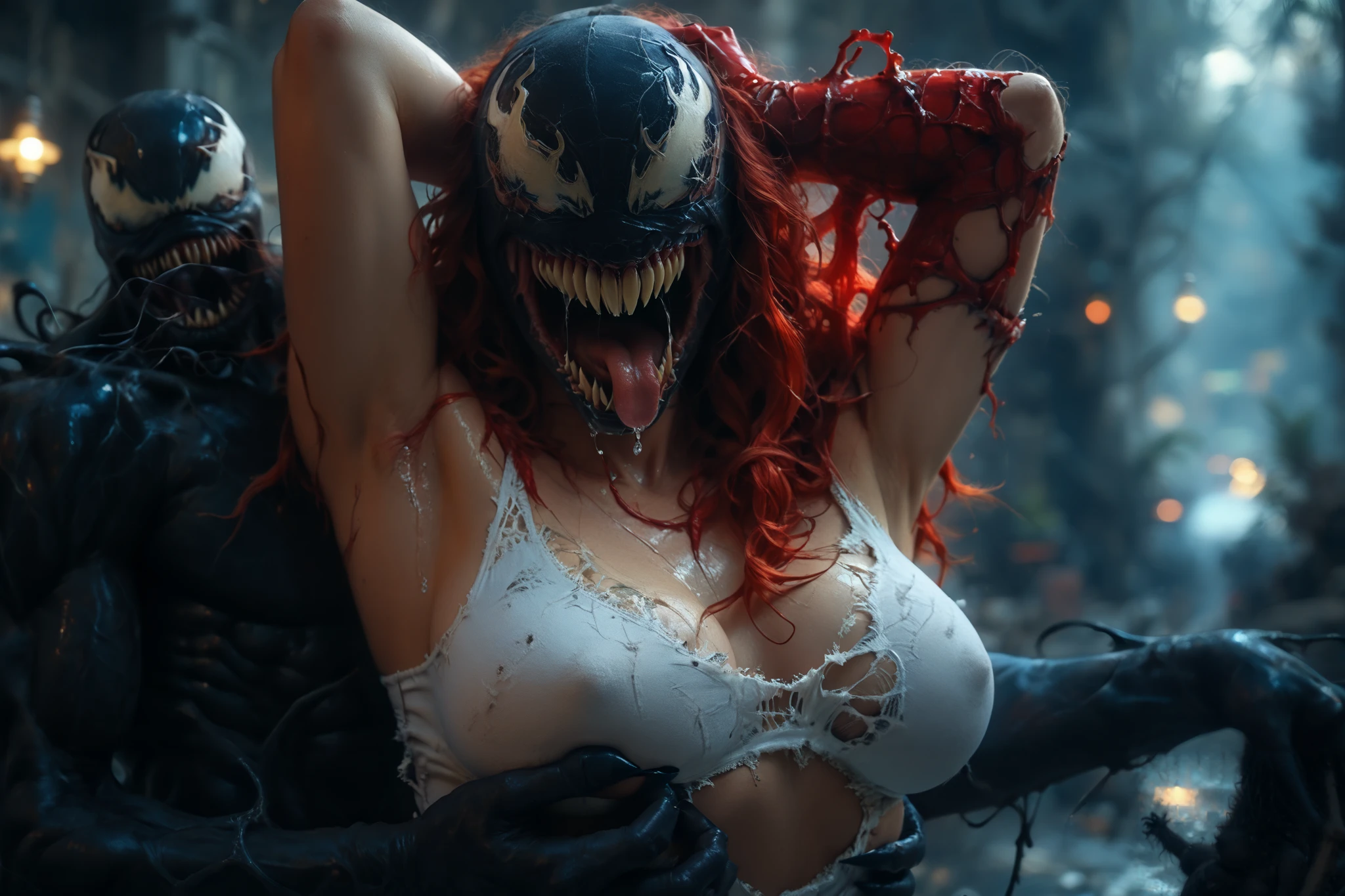 Action, Venom and carnage gangbang attack spider-gwen, beautiful face, ahegao face, baby face, (a beautiful, spider- gwen costume, sexy girl with torn and ripped in the sexy places, hot and curvaceous body sparsely clothed, highly revealing and alluring costume, epic perspective, gigantic size breasts, hourglass), Realistic, hyper realistic, score_9, score_8_up, score_7_up, score_6_up, 1 venom and 1 carnage, giant venom with a neon, and big slimy fangs and claws, monster carnage with giant body, size difference. beautiful spider-gwen costume, ahegao face, orgasm face, spread leg, slim body, One, Thick, big breasts, gigantic size breasts, Sharp claws, spread legs, beautiful legs, venom holding her butt, legs raised by carnage, sweaty, Slim figure, muscular body, sensual body, big breasts, big , big butt, beautiful legs, carnage licking her butt, licking, licking, (Raise one hands to show armpits:1.3)、(Close-up of armpits:1.34), (Raise hands to show armpits、armpits, realistic, hd, 4k, monster venom licking pussy, carnage and venom, making love On the spidersweb, Profit's nest in the silk room, on the Profit nest, spider web, spider-web, full of profit webs, night,