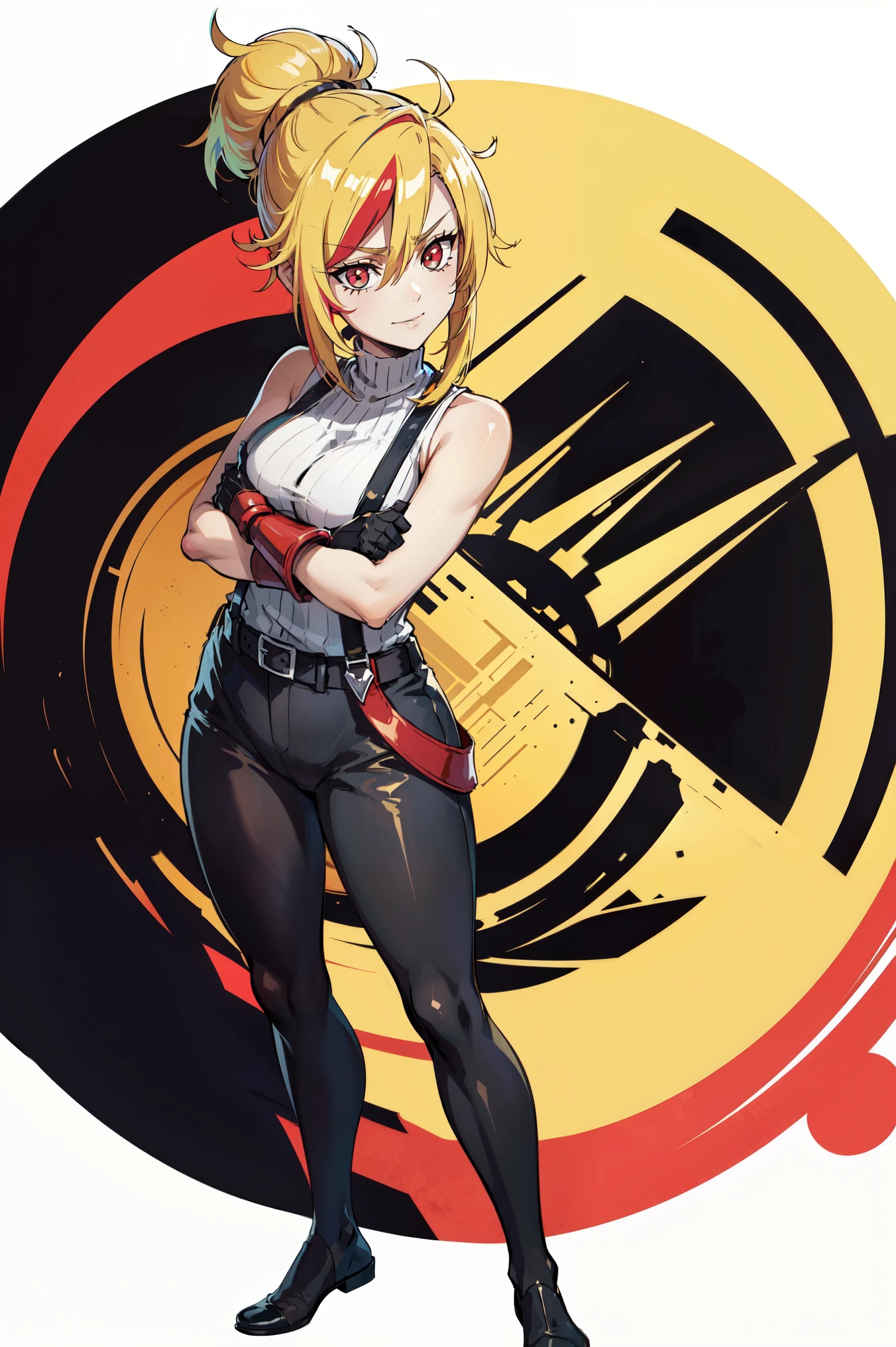(masterpiece, best quality:1.2), red glowing eyes, red eyes, the eyes are red, perfect face, , strong make up, highres, 1 girl, solo, ultra long ponytail, (female:1.5), strife, blonde hair, shoulder armor, sleeveless turtleneck, suspenders, belt, gloves, bracer pre potent smile, perfect legs, crossing arms , evil smile, evil pose, standing, portrait, looking at viewer, Her hair is streaked with red and blonde highlights.fullbody overview, full body view, Keep your shoulders back and maintain a straight line from your head to your feet. Full body overview, feets close, symmetrical front, head straight to the viewer