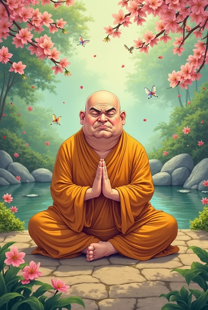 A fat monk, with thinning hair, covered in tattoos all over his body.